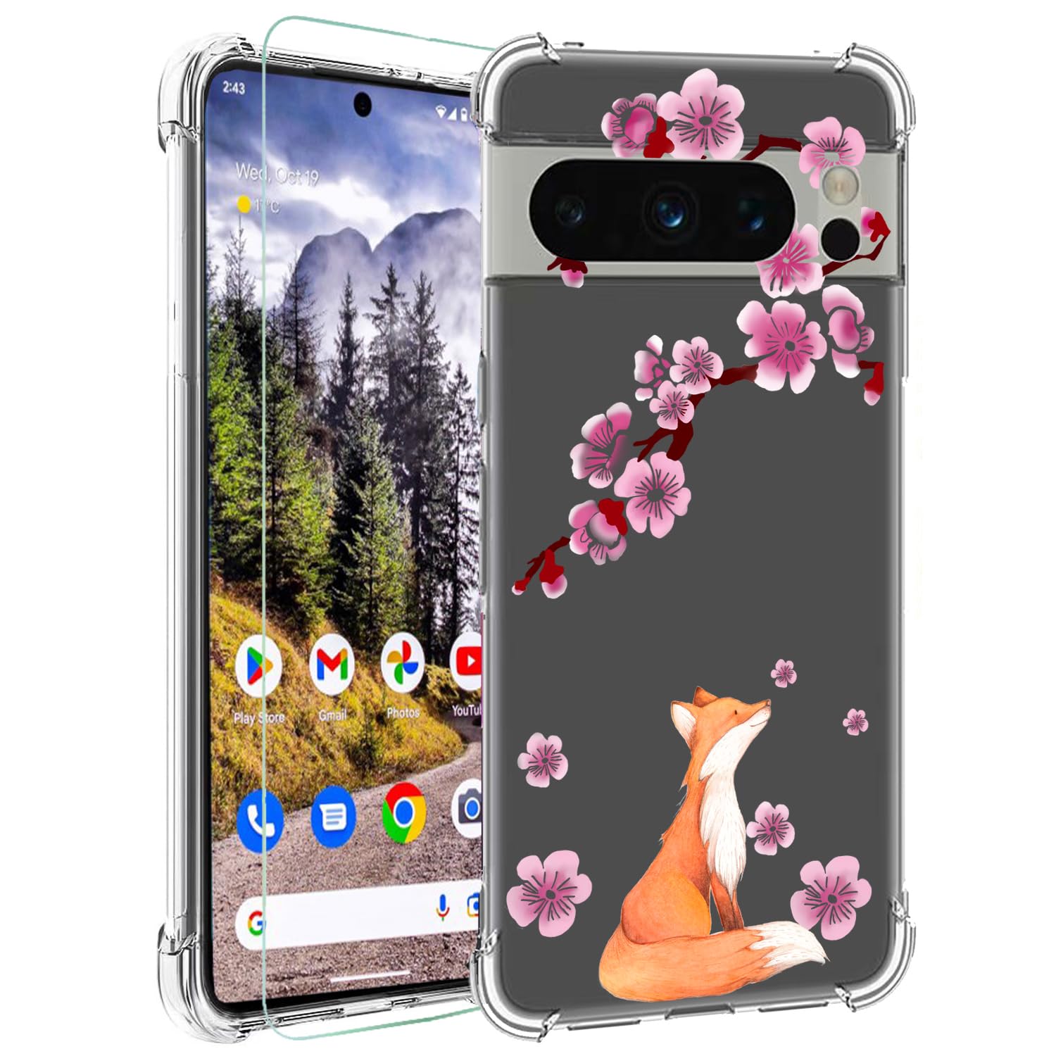 Ftonglogyfor Google Pixel 8 Pro 5G Case with Tempered Glass Screen Protector: Clear Cute Flower Floral Design for Girls Women Slim Soft TPU Bumper Shockproof Silicone Cell Phone Cover (Lucky Fox)