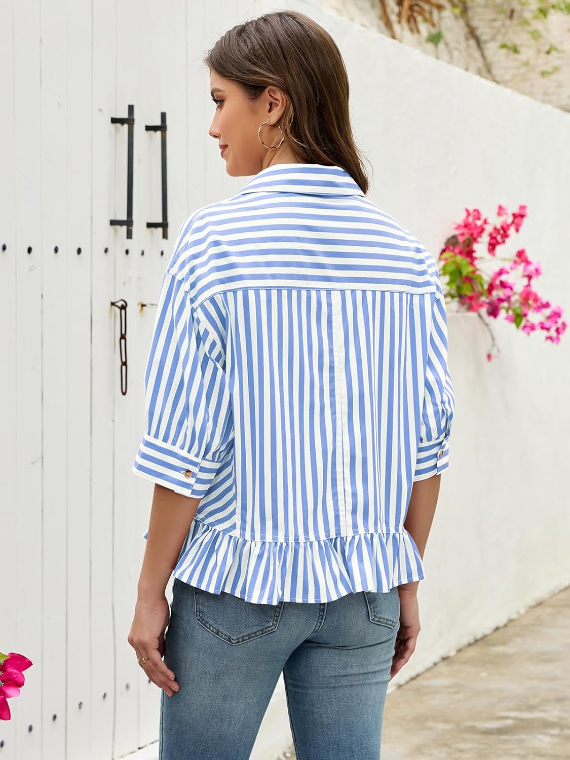 Womens Cropped Striped Shirts Button Down Half Sleeve Ruffle Bottom V Neck Casual Summer Blouse Tops - Image 6