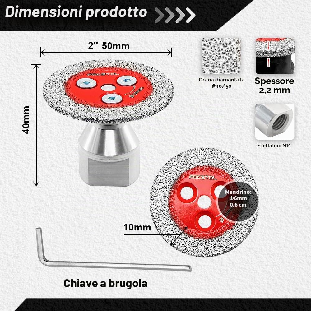 FOCSTOL Disco Diamantato per Gres Porcellanato - 5 pezzi 50mm Lama Diamantata per Taglio Piastrellee e 1 pezzo Flangia Filettata M14 per Marmo Granito Pietra Artificiale Gres Porcellanato