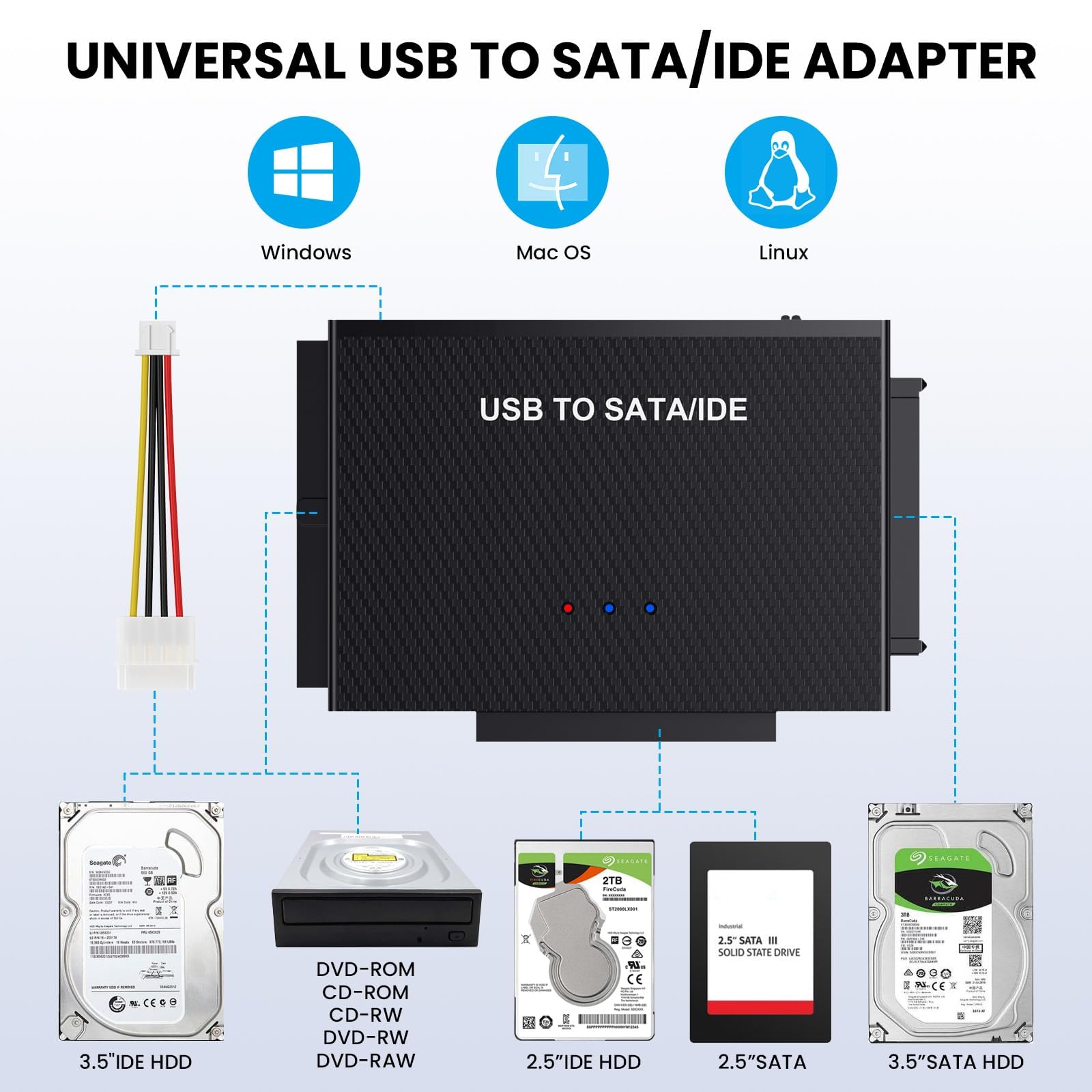 IDE adapter USB, USB 3.0, adapter do dysków twardych z zasilaczem 12 V 2 A do 2,5 i 3,5-calowego HDD/SSD, adapter IDE SATA kompatybilny z Windows 10/8/7/XP/Vista, Mac OS, Linux itp