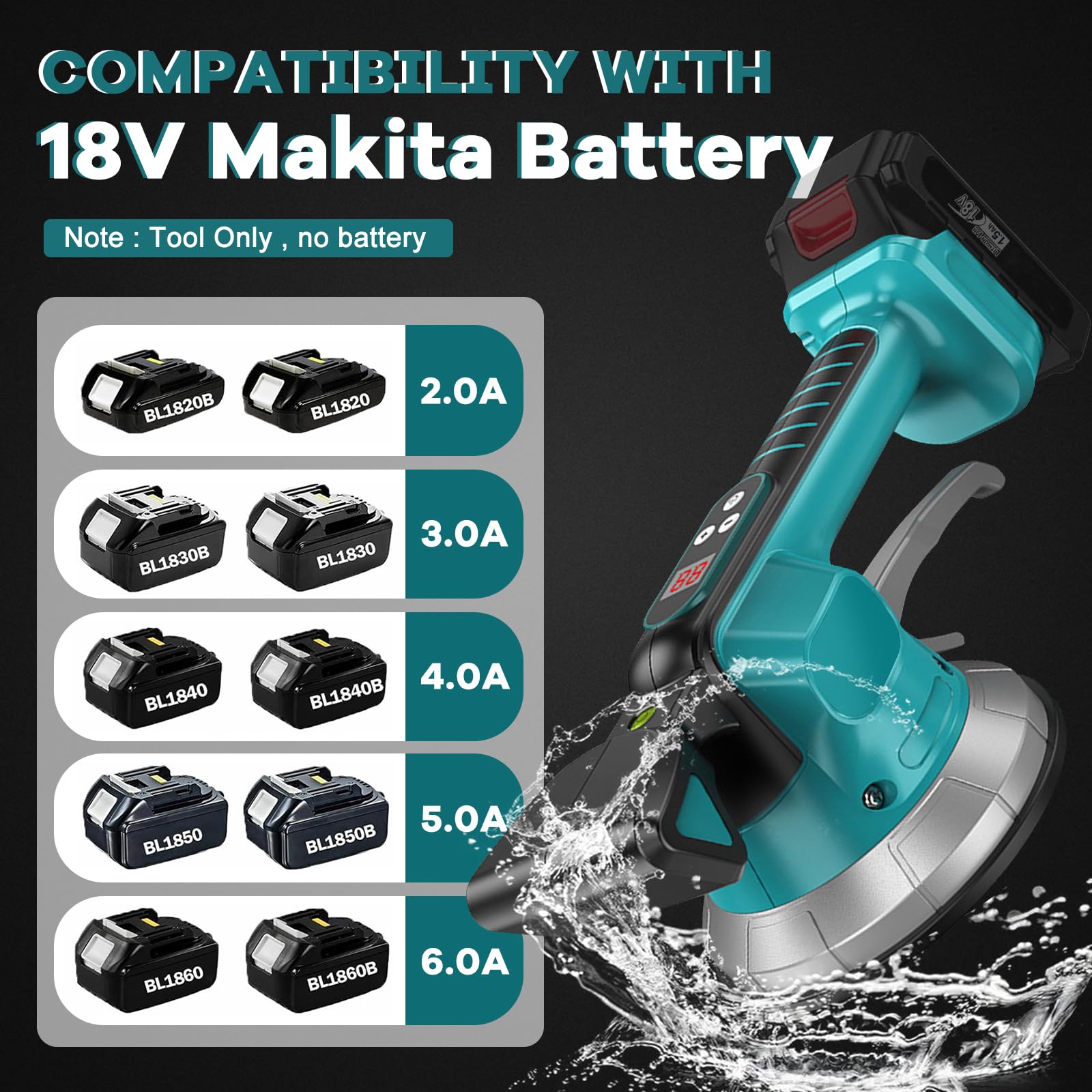 Dispositivo di vibrazione per piastrelle Makita 18 V, macchina vibrante per piastrelle, 10 livelli di velocità regolabile, ventosa da 14,5 cm, capacità 100 kg, adatto per 47 x 47 pollici e sotto (C)