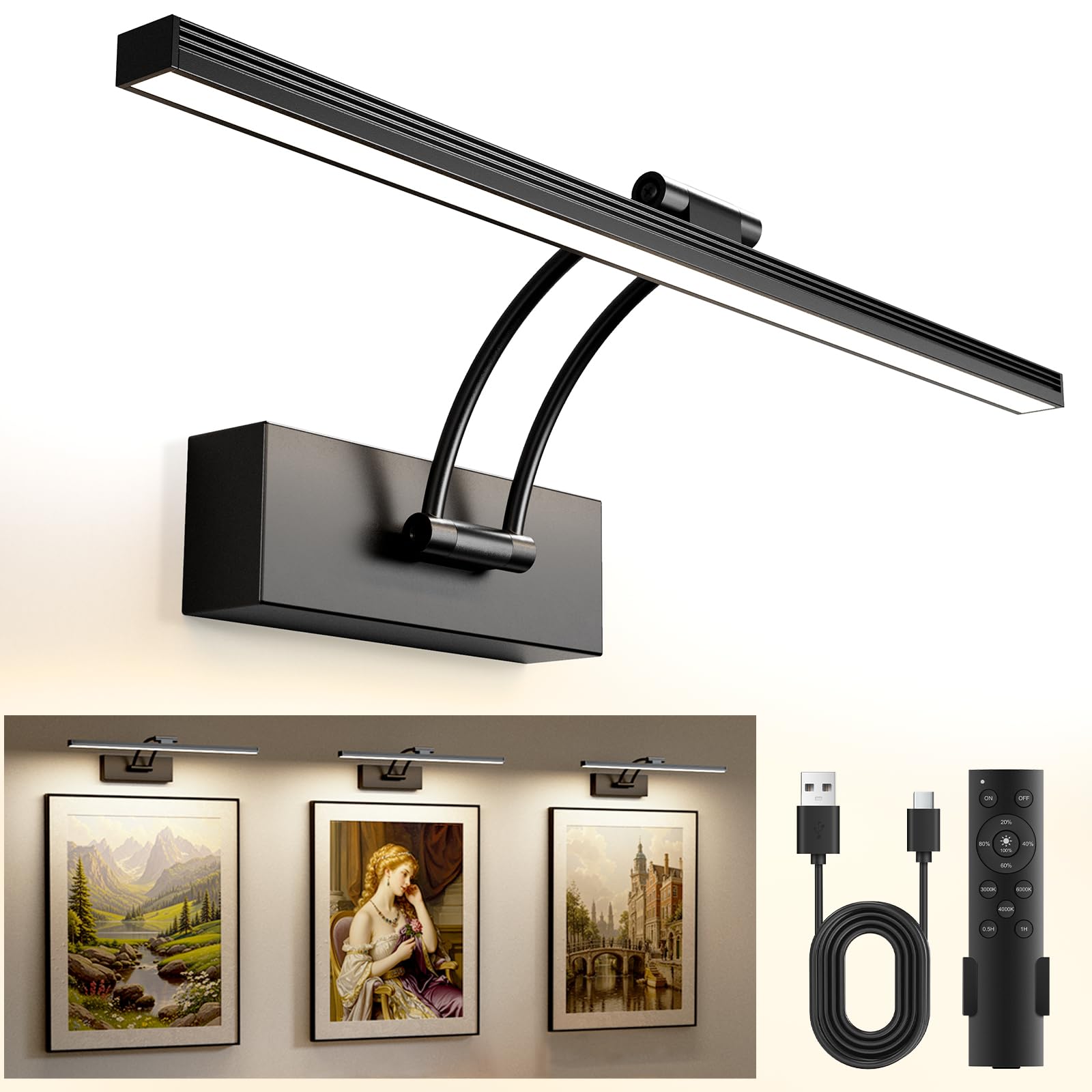 YITGOG Picture Light for Wall Rechargeable Wireless Picture Light with Remote Control,Magnetic Painting Light with Dimmable & 3 Color Change Rechargeable Wall Lights for Dartboard Frame Mirror (Black)