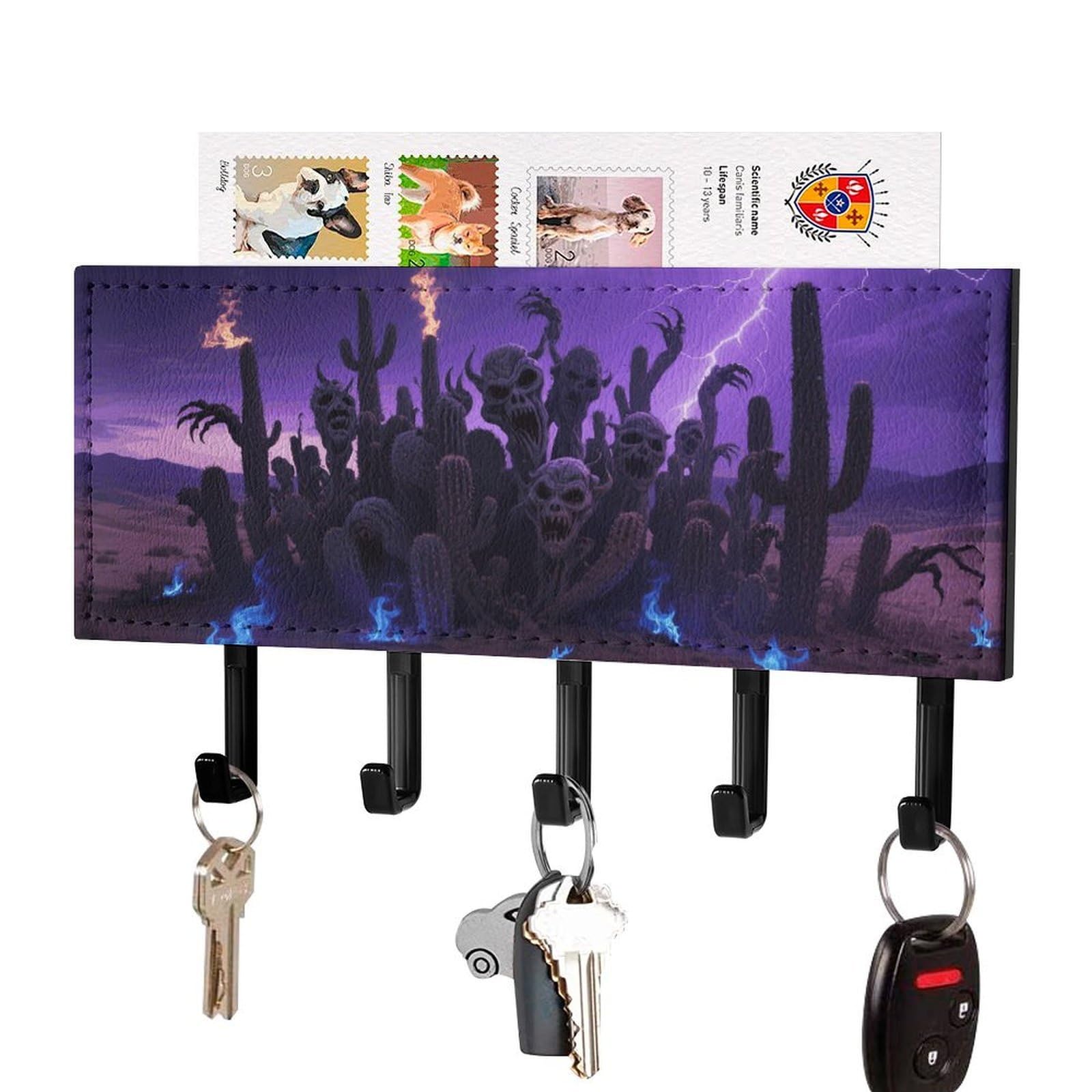Vstadank Black-Style Gothic Cactus Key Holder Wall Mount With 5 Key Hooks Hangers For Wall Decorative Pu Mail Rack Organizer With Shelf Wall Mounted Key Rack With Hooks For Entryway