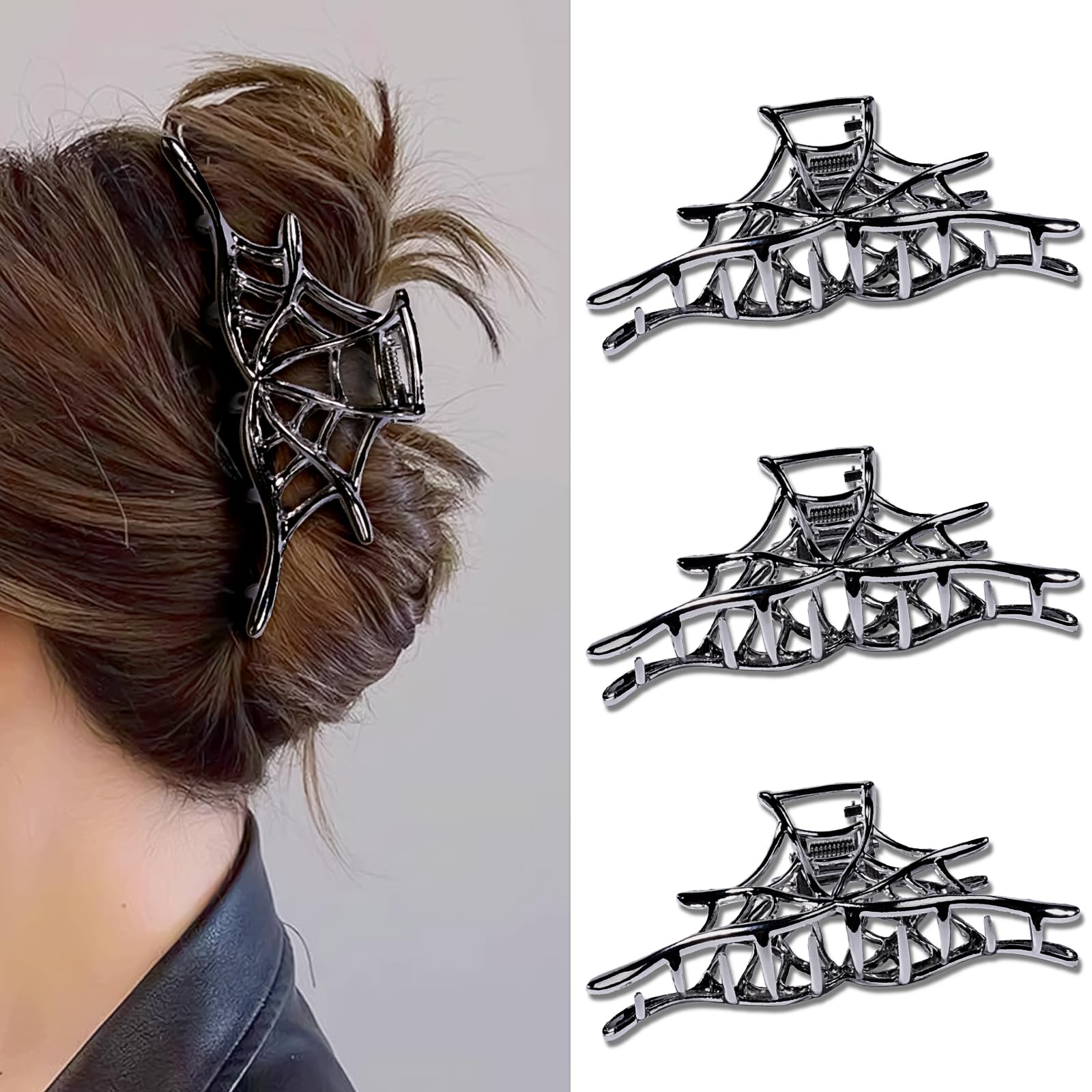3 fermagli per capelli neri gotici grandi, per Halloween, in metallo, con design a ragnatela punk, in acrilico, antiscivolo, per acconciature spesse e sottili