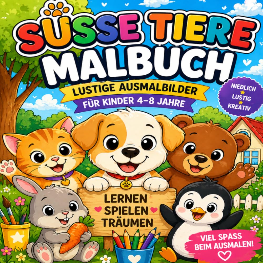 Süße Tiere Malbuch für Kinder: Niedliche Ausmalbilder mit Tieren – Fördert Kreativität, Konzentration und Feinmotorik – Perfekt für Mädchen und Jungen ab 4–8 Jahren