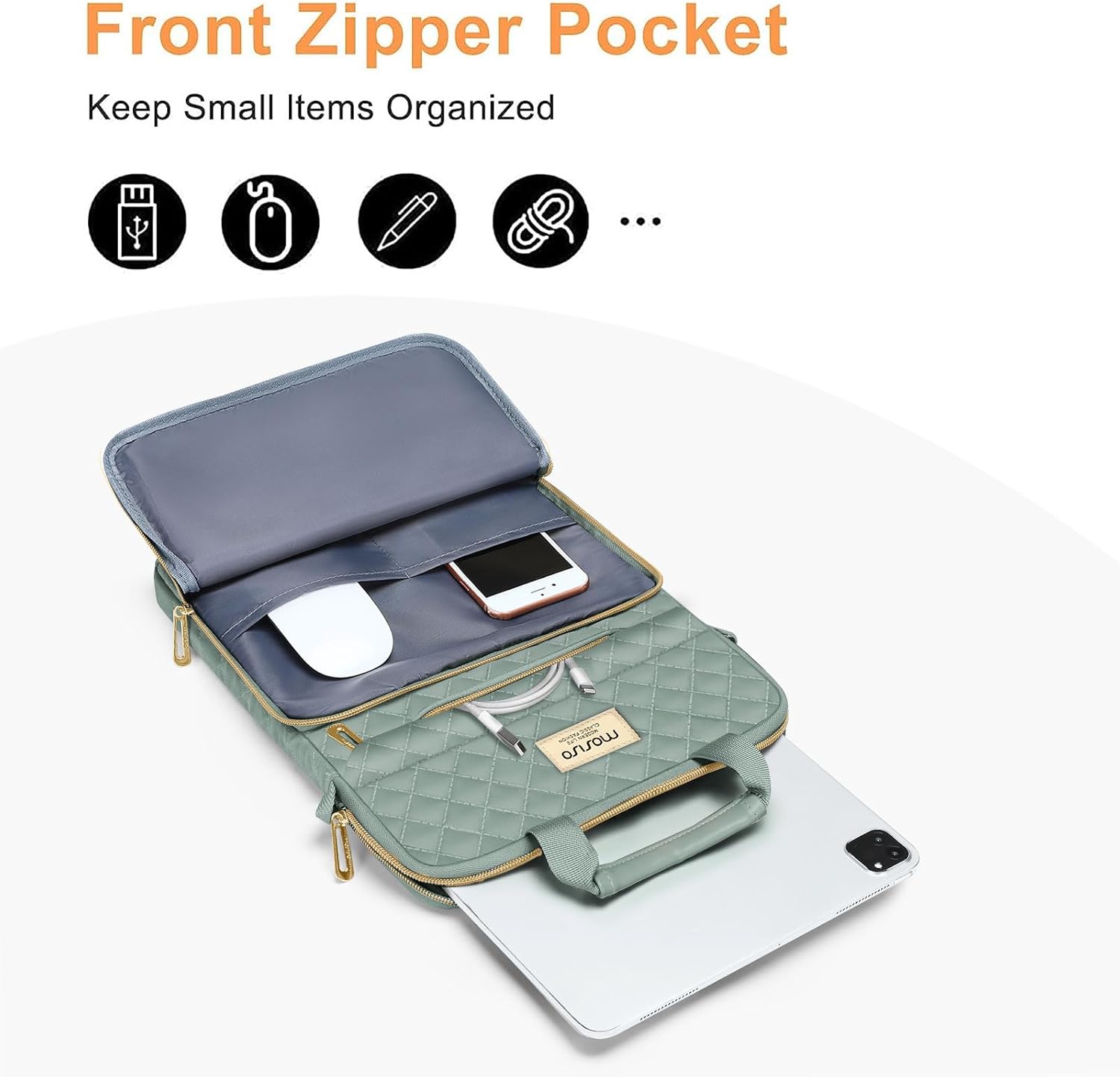 MOSISO 12.9 inch Tablet Sleeve Bag for iPad Pro 13 M4&iPad Air 13 M3 M2,iPad Pro 12.9 M2 M1 6/5,Surface Laptop Go 12.4,Galaxy Tab S8+/S9+ 12.4,Square Quilted Carrying Case with 2 Pockets,Antique Green - Image 4