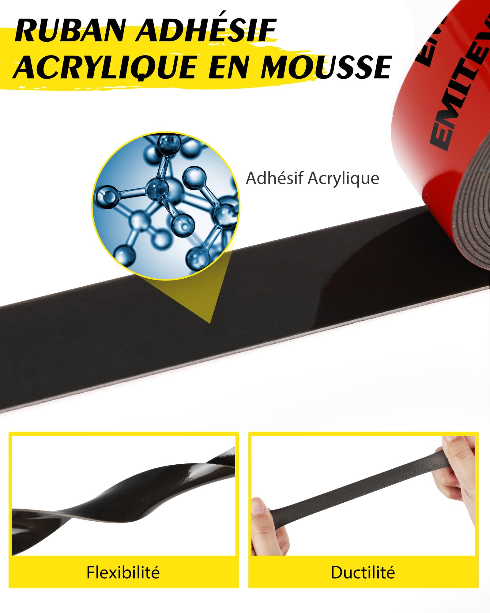 Ruban Double Face Extra Fort 25mm 5M Adhésif Acrylique Imperméable Noir
