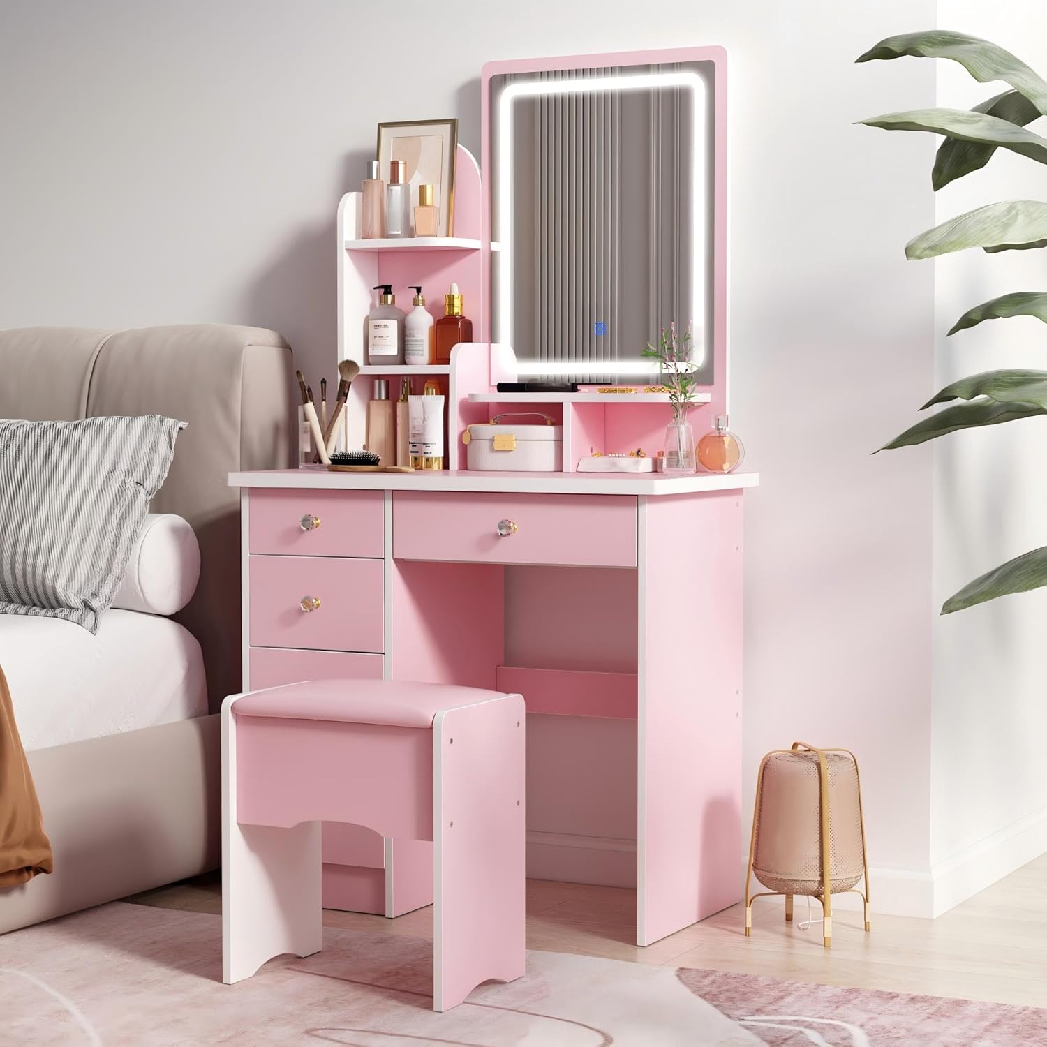 FUFU&GAGA Vanity Set with Rectangular Mirror & Lights, Makeup Vanity Dressing Table with 5 Drawers, Shelves, Dresser Desk and Cushioned Stool Set (Pink/Lighted Mirror)