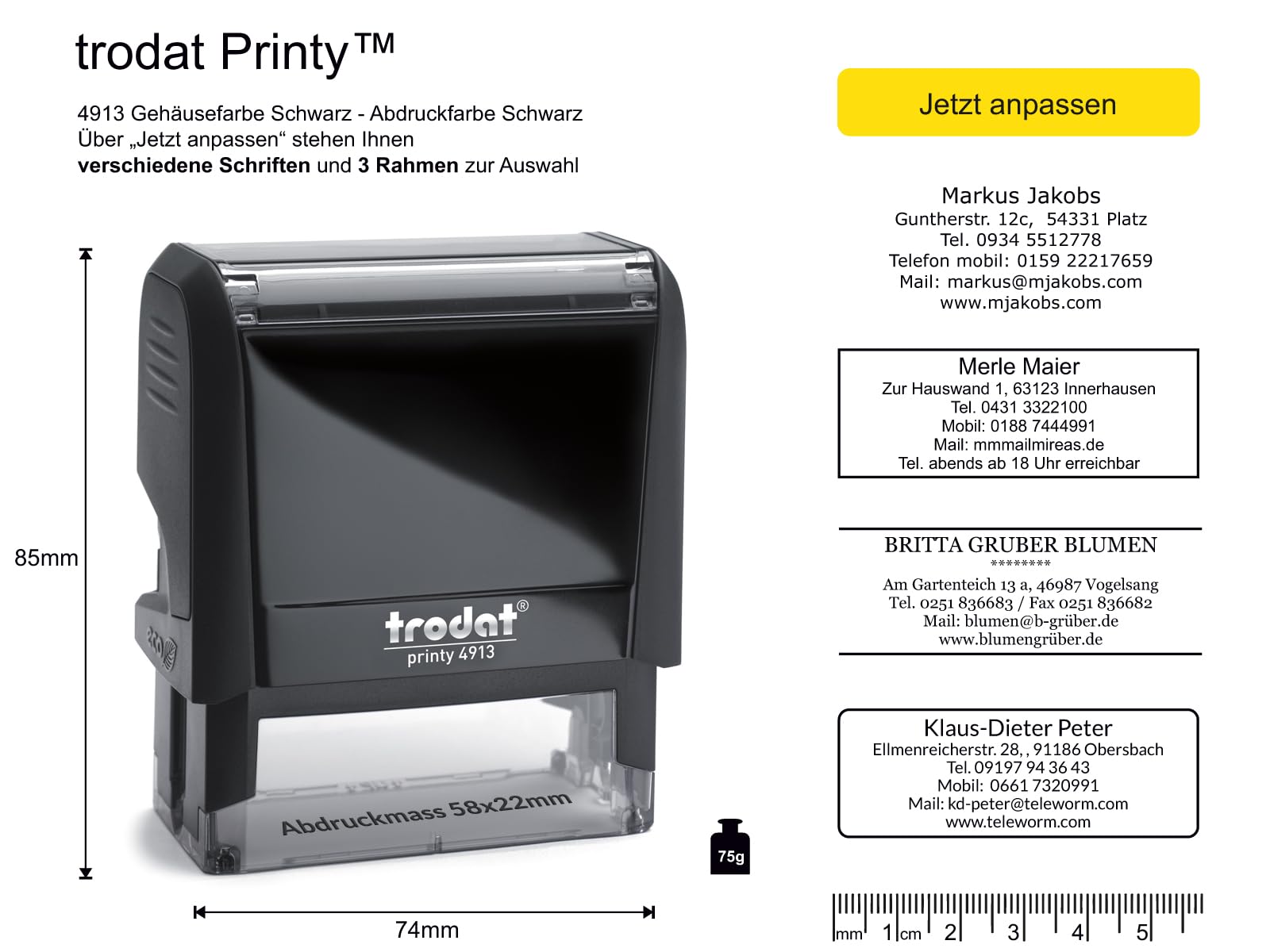 Trodat Personalisierter Stempel Printy 4913 zum direkt hier Erstellen – Selbstfärbend, Abdruck 58 x 22 mm, bis zu 6 Zeilen Abdruck Schwarz