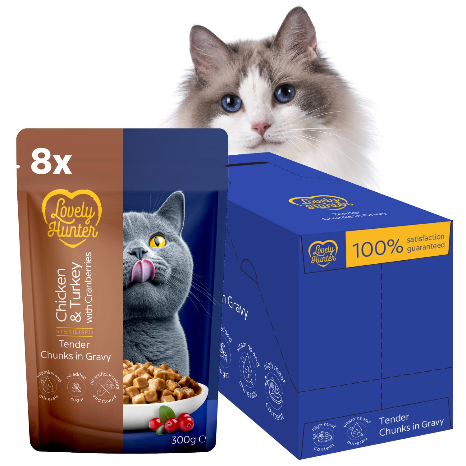 Lovely Hunter Wet Cat Food Pouches with Chicken, Turkey and Cranberries - Sterilized Cat Wet Food Pouches for Urinary Tract Health, Low-Calorie Cat Food in Gravy with No Added Sugar (8x300 g)