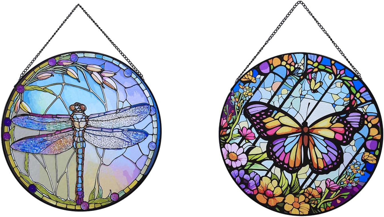 Dragonfly+Butterfly Hanging Stained Glass Suncatcher for Windows,20cm/7.87inch Hand-Painted Sun Catcher Garden Hangings Christmas Mother's Day, Valentine's Day Ornaments Festival Gift(2Pcs)