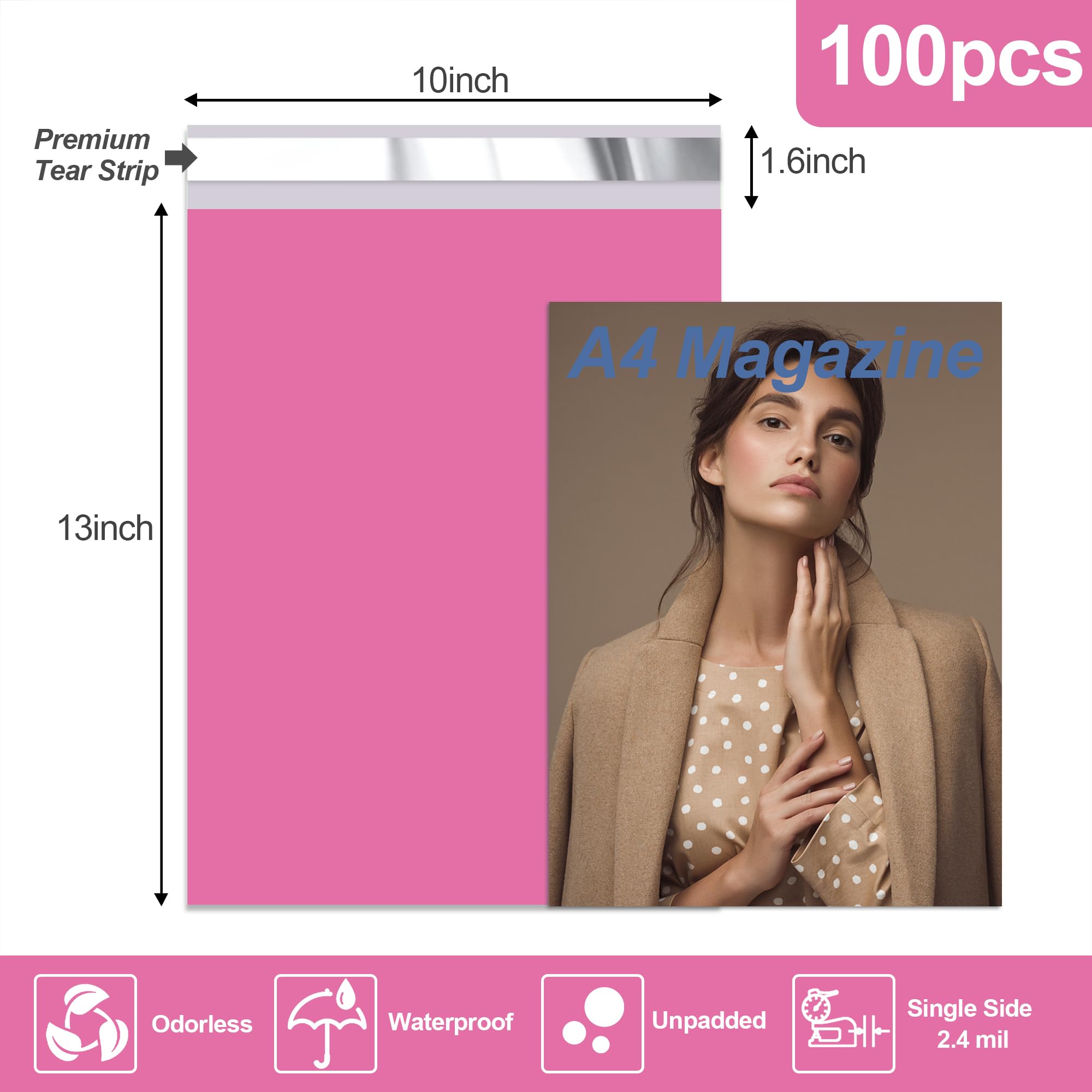 JinRuiKJ Buste postali in polietilene rosa, 25 x 33 cm, 100 pezzi, resistenti buste adesive per abbigliamento, buste spesse e resistenti con autosigillanti, impermeabili e antistrappo, sacchetti per