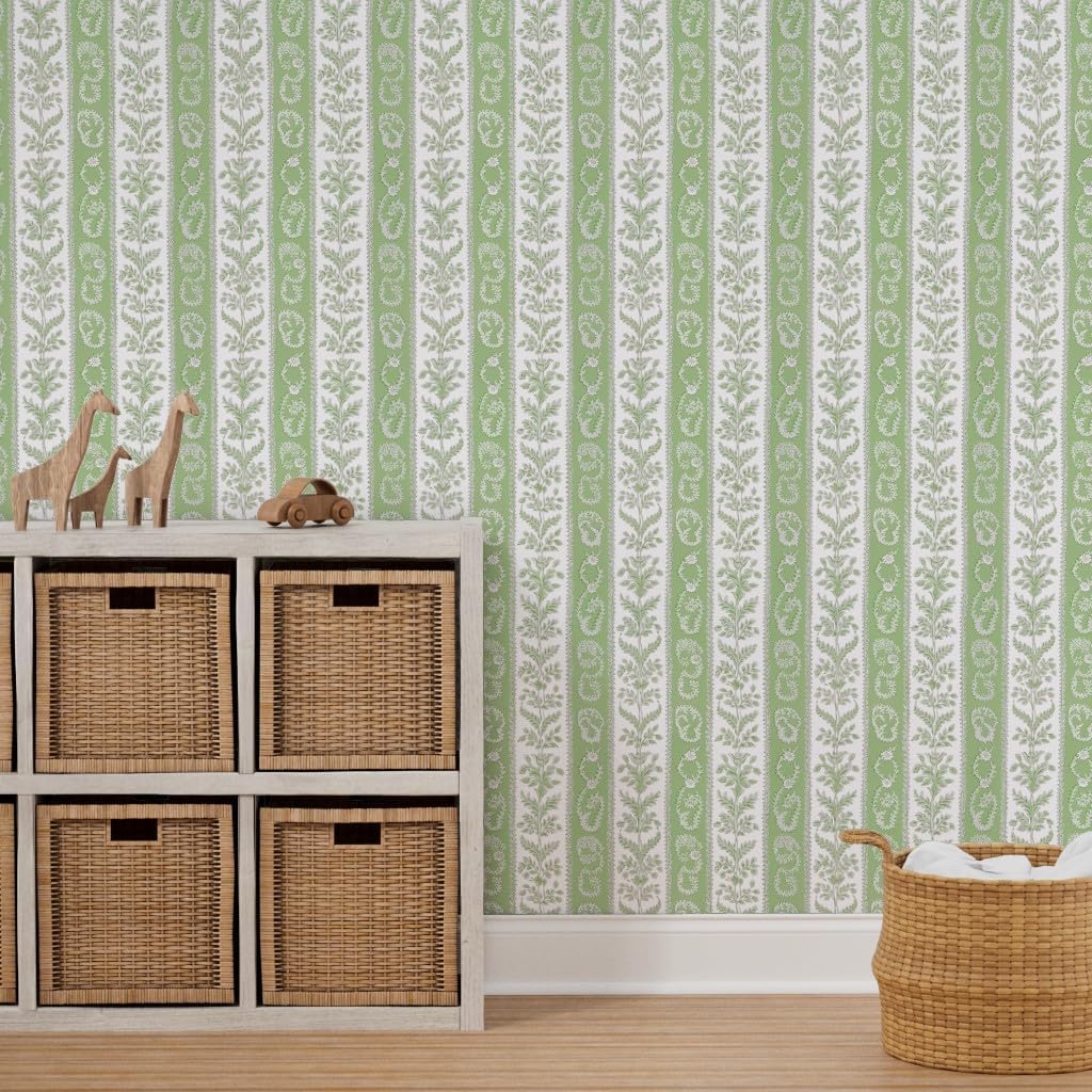 Peel & Stick Wallpaper 3ft x 2ft - Green Floral Stripe Victorian Fern Botanical Granny Chic Custom Removable Wallpaper by Spoonflower