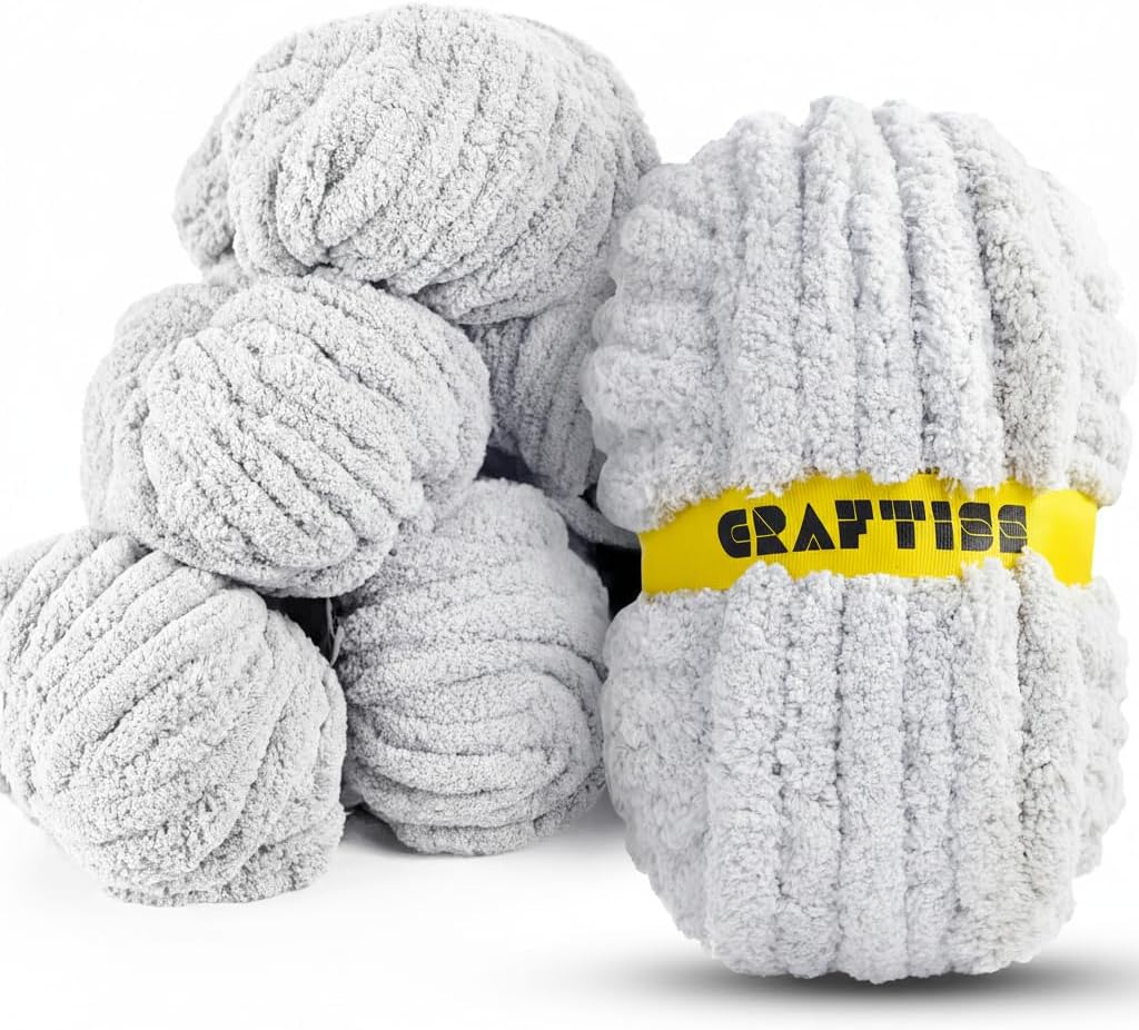 8 Rolls Cream Chenille Chunky Yarn for Crocheting - Extreme Jumbo Weight (27 yds, 8 oz Each Skein), Bulky Thick Crochet Knit Blanket Chunky Yarn for Hand Knitting with Giant Hook and Needles