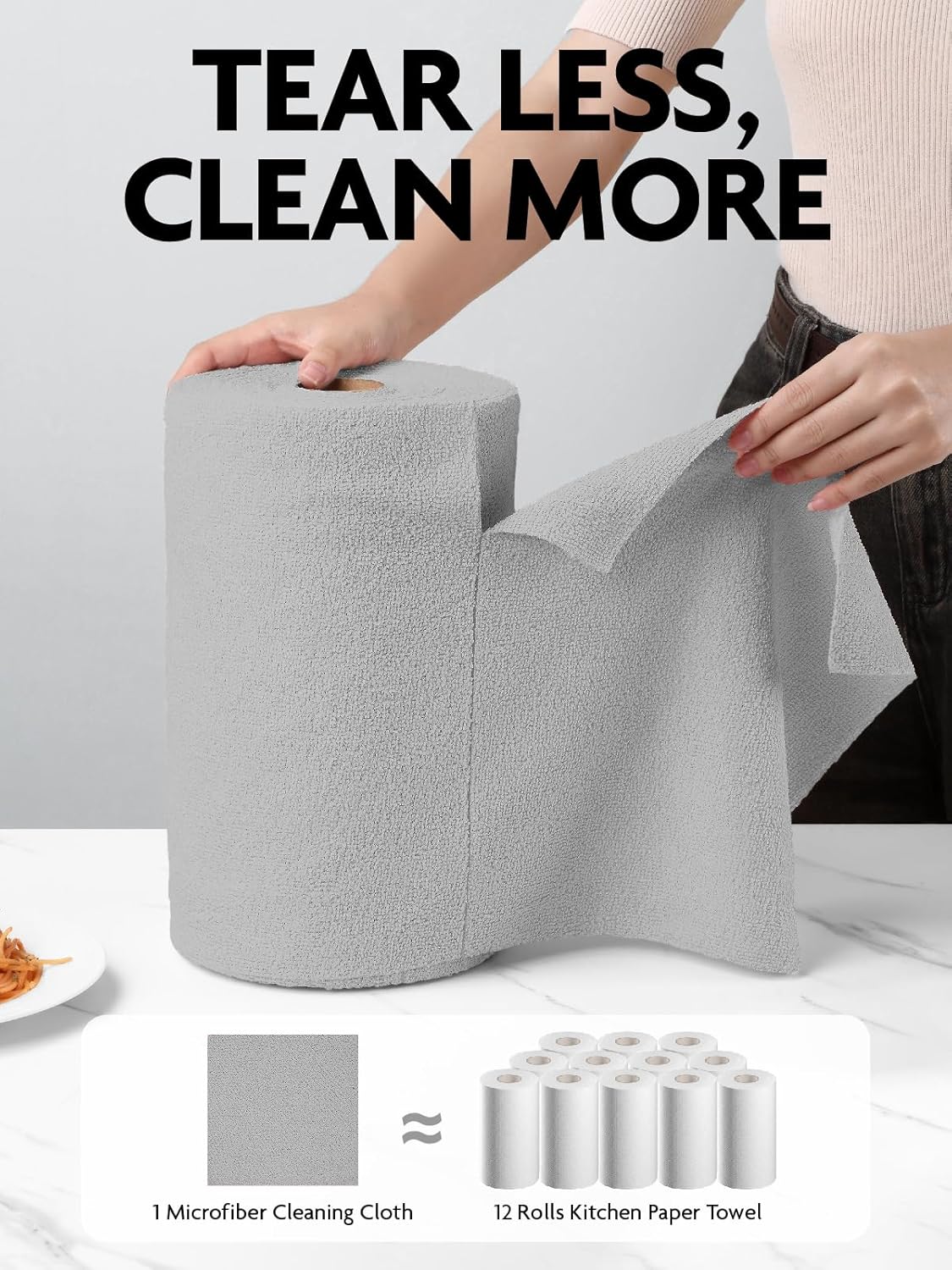 Fantasticlean Microfiber Cleaning Cloth Roll -75 Pack, Tear Away Microfiber Towels, 12" x 12", Reusable, Washable, Scratch Free, Ultra Absorbent Dishcloth for All-Around Cleaning Supplies (Grey) - Image 2