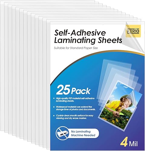 KTRIO Paquete de 25 hojas de laminación autoadhesivas de 8.5 x 11 pulgadas, 0.157 in de grosor, bolsas laminadas autoadhesivas transparentes, sin