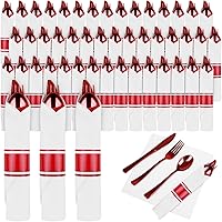 Vista 10 de Paquete de 100 cubiertos de plástico preenrollados azules, cubiertos enrollados azules con servilletas, juego de cubiertos de plástico preenrollados