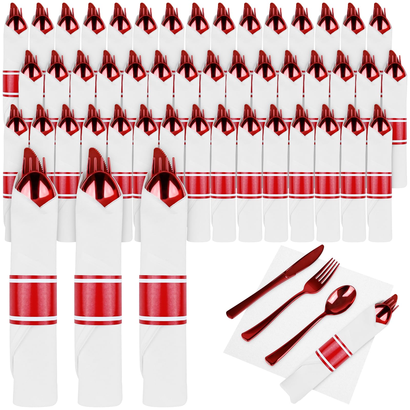 Photo 1 of 100Pack Red Pre Rolled Plastic Silverware - Wrapped Red Disposable Cutlery with Napkins, Heavy Duty Rolled Plastic Silverware Set, Disposable Utensils with Dinner Napkins for Valentine's Day