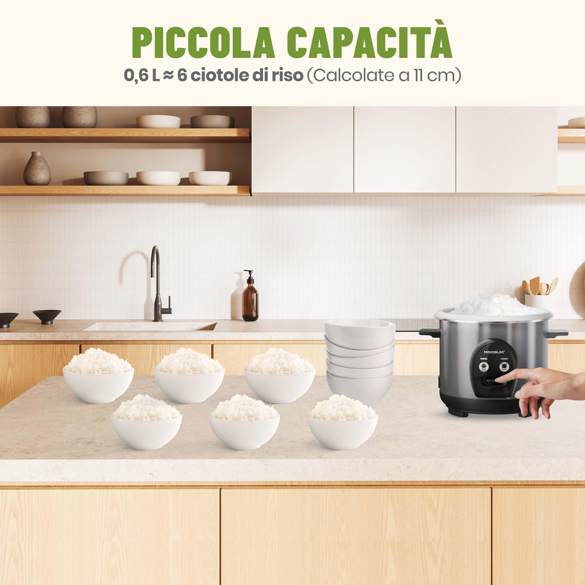 Cuociriso & Comando a un Pulsante, 0,6L per 1-3 Persone, Preparazione Veloce Senza Bruciature - con Funzione di Mantenimento in Caldo, Argento
