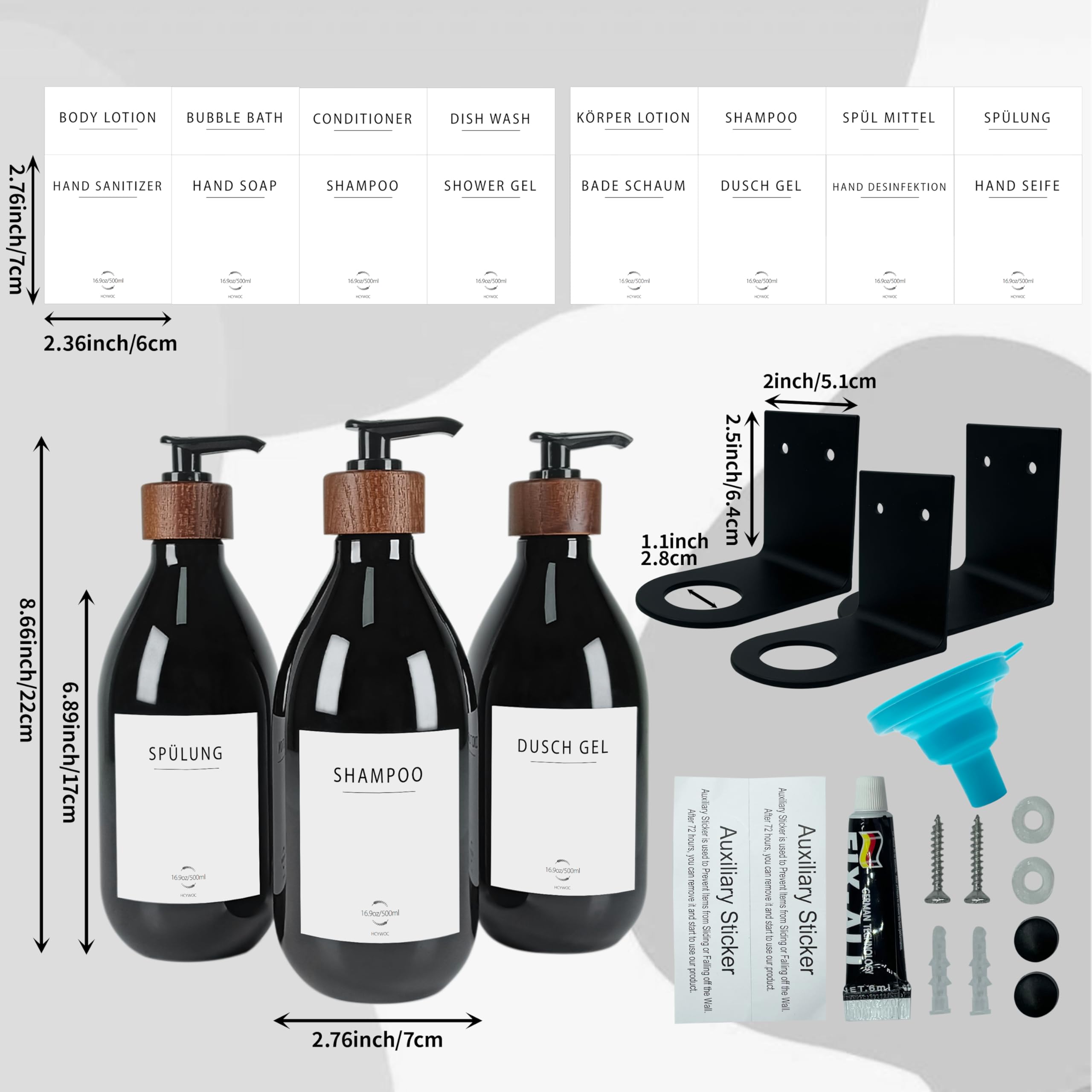 Dispenser per shampoo e balsamo, dispenser per shampoo per parete doccia con 16 etichette impermeabili, dispenser per doccia a 3 camere senza trapano, dispenser di sapone da doccia a parete per