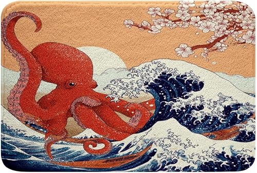 Alfombra de baño con diseño de flor de cerezo, alfombra de tentáculos de pulpo, 16 x 24 pulgadas, alfombra de baño con olas de mar japonesas,