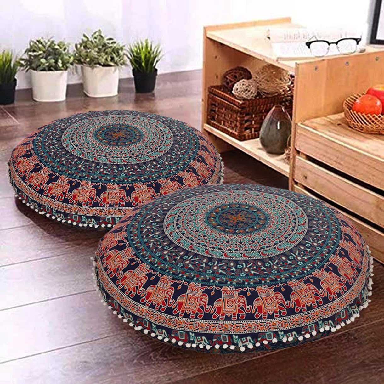 RHF 32" Round Floor Pillow Cover | Mandala Bohemian Meditation Cushion Cover | Large Indian Pouf Ottoman Case | Hippie Elephant Design Cotton Seating Throw Sham for Home & Outdoor Decor, Pack of 2