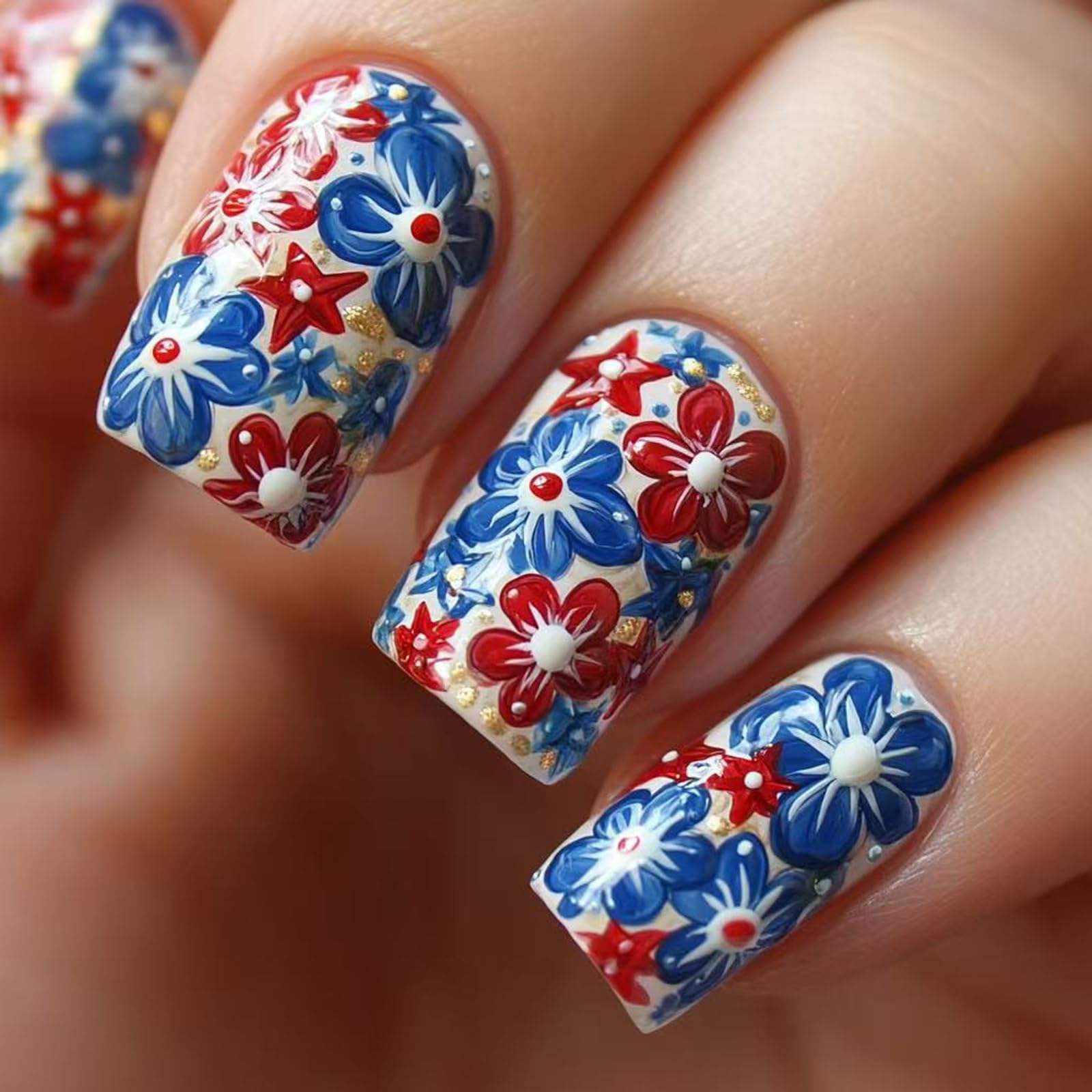 4th of July Press On Nails Coffin, Independence Day Flowers Medium Fake Nails with Glue, Glitter Natural Full Coverage False Nails for Women Holiday