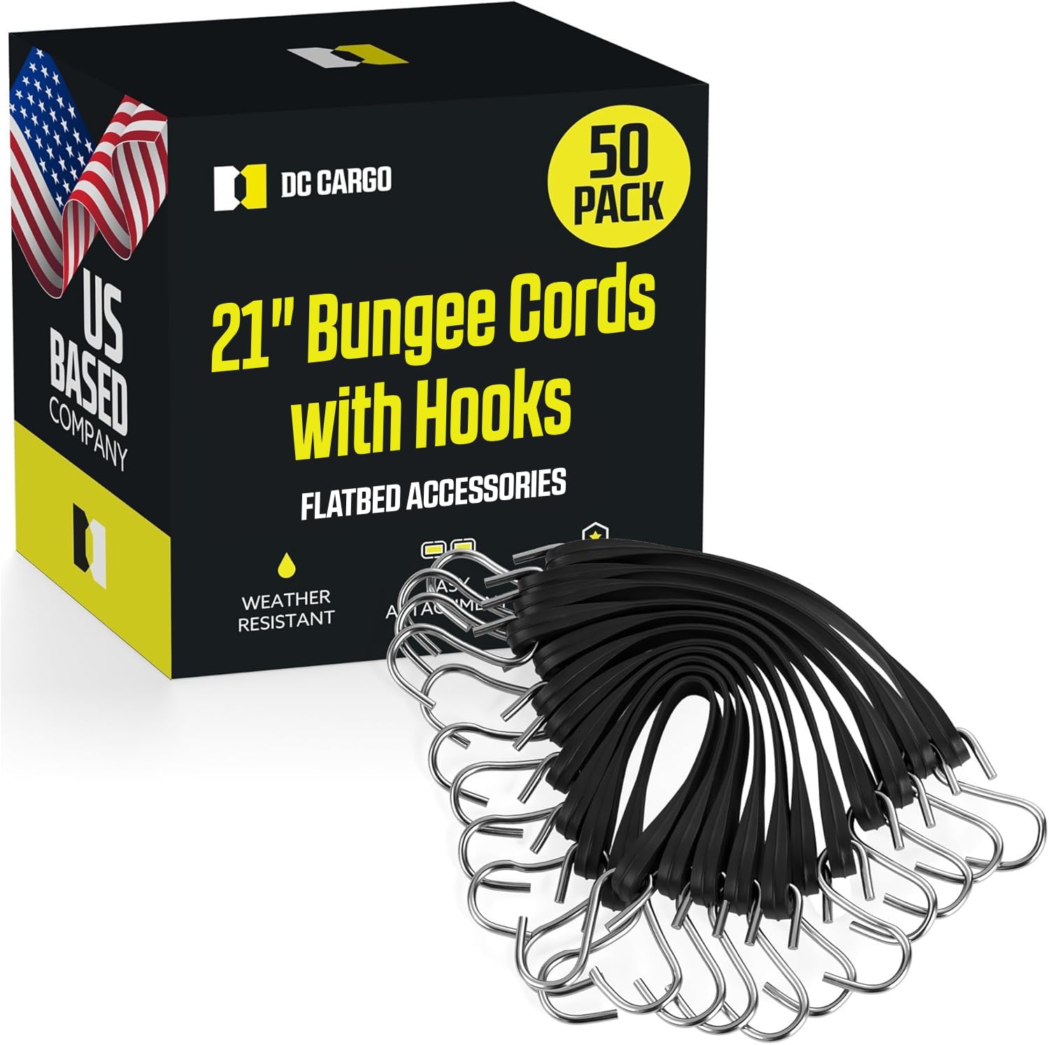 - Pack of 50 Tarp Straps for Flatbed Trailers, 21" Long Natural Rubber Bungee Cord Tie-Downs Ideal for Securing Tarps, Canvases, Cargo in Cold Climates | Tie-Downs w/ Metal S-Hooks