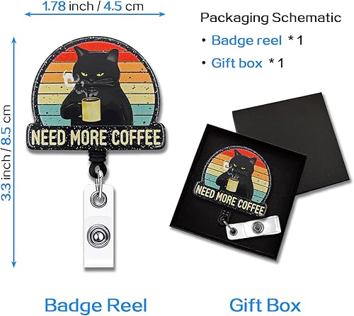 Miniatura 2 de YAZMEEN Carrete retráctil con clip de cocodrilo, gato negro necesita más tarjetas de identificación de café, divertido carrete de insignia con