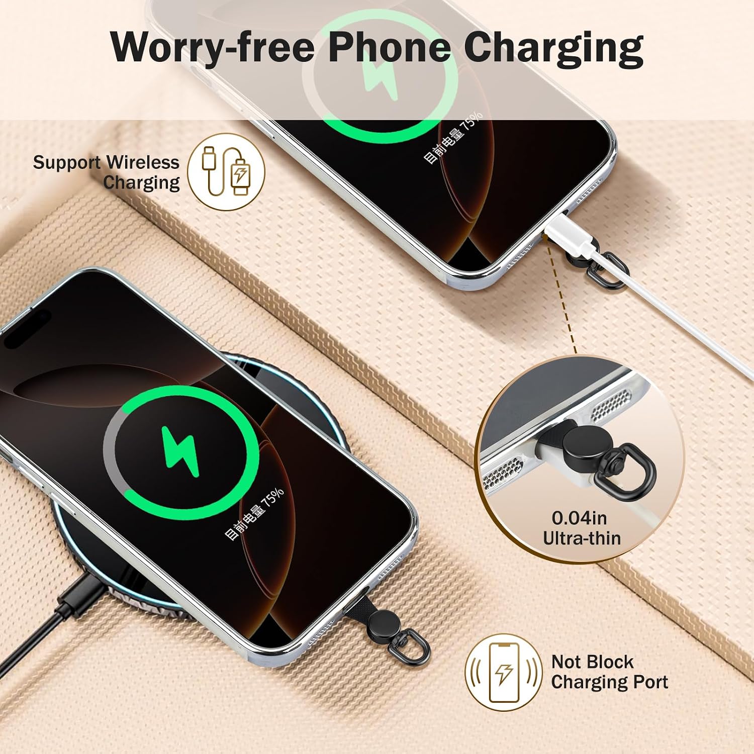 TiMOVO Phone Tether Tab Rotatable 360°, 4 Pack Cell Phone Lanyard Patch for Phone Strap, Anti-Theft Phone Tether Tab for iPhone 16, 15 & Most Smartphones, Black