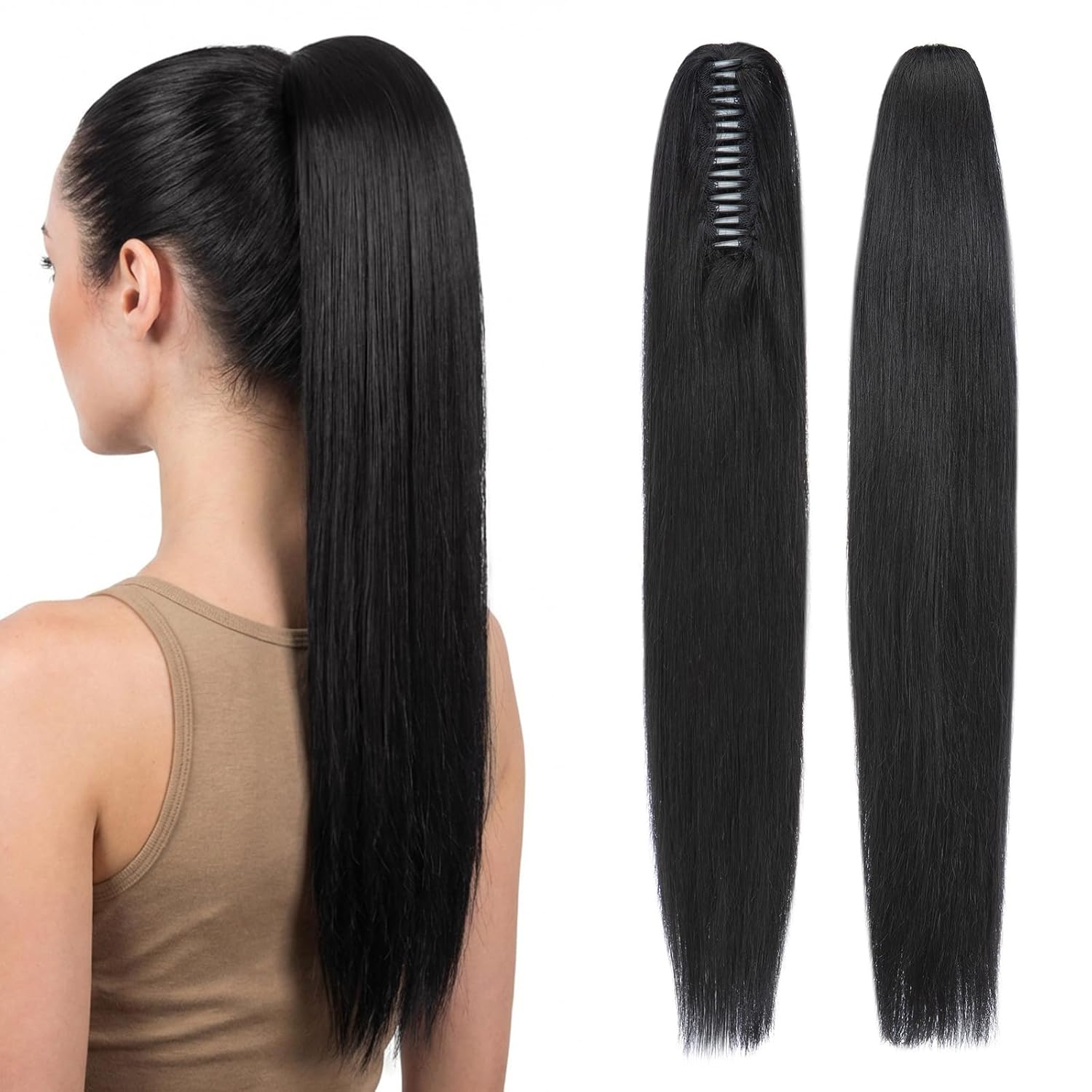 TESS Human Hair Claw Clip Ponytail Extension Real Remy Hair long ponytail extension for Women Straight, 16 Inch, Dark Black