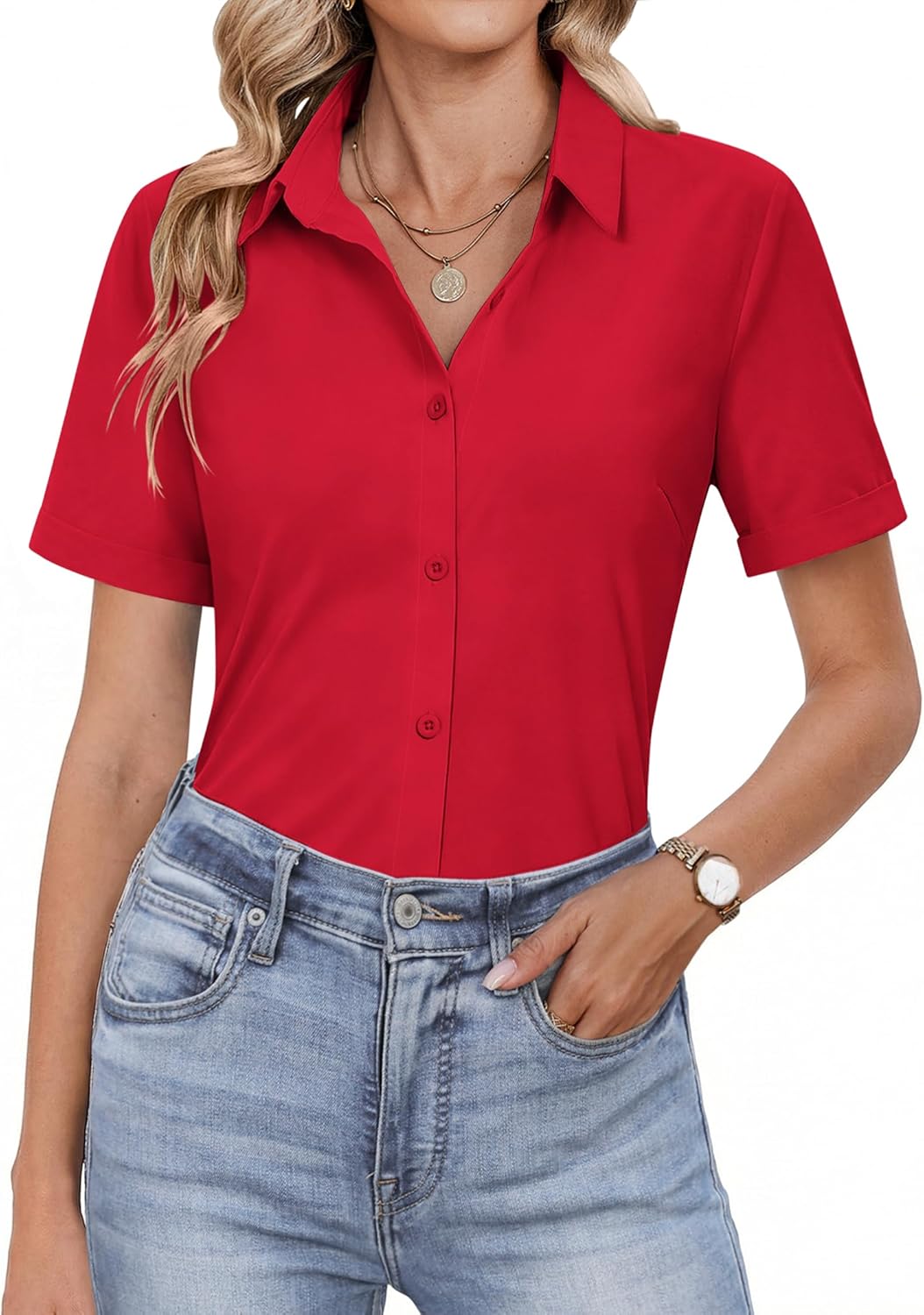 HOTOUCH Button Down Shirts for Women Short Sleeve Dress Shirts Fitted Business Casual Blouse Office Work Tops