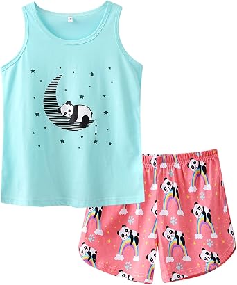 Girl Sleeveless Summer Pajamas Set Cute Unicorn Tank Top and Stripe Shorts Sleepwear Soft Teen PJS Set Size 6-16