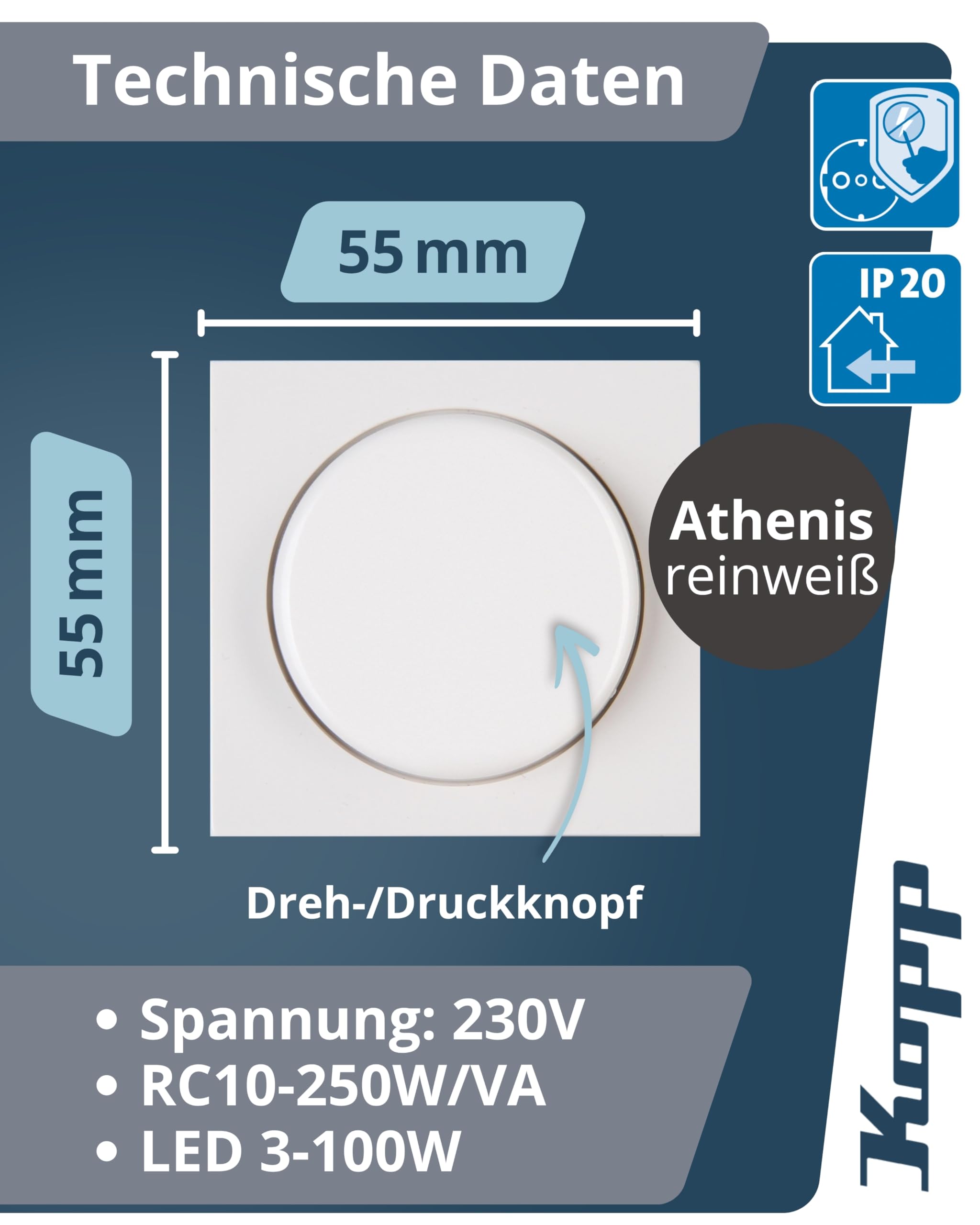 Kopp ATHENIS Universal-Dimmer-Schalter mit Drehknopf - Rein-Weiß - Für 10-250W Glühlampen & 3-100W LED - Dimmbarer Lichtschalter mit Phasenan- & abschnitt - Druck-Wechselschalter mit Wellenadapter
