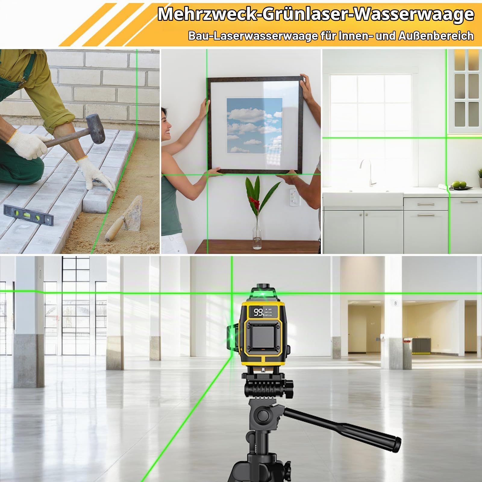 Kreuzlinienlaser Grün 16 Linien,4 x 360 °Laser Wasserwaage Selbstnivellierend,Nivellierlaser mit LED Digitalanzeige,360 grad laser für Konstruktion und Ausrichtun 2 Akkuse,Einstellbare Helligkei