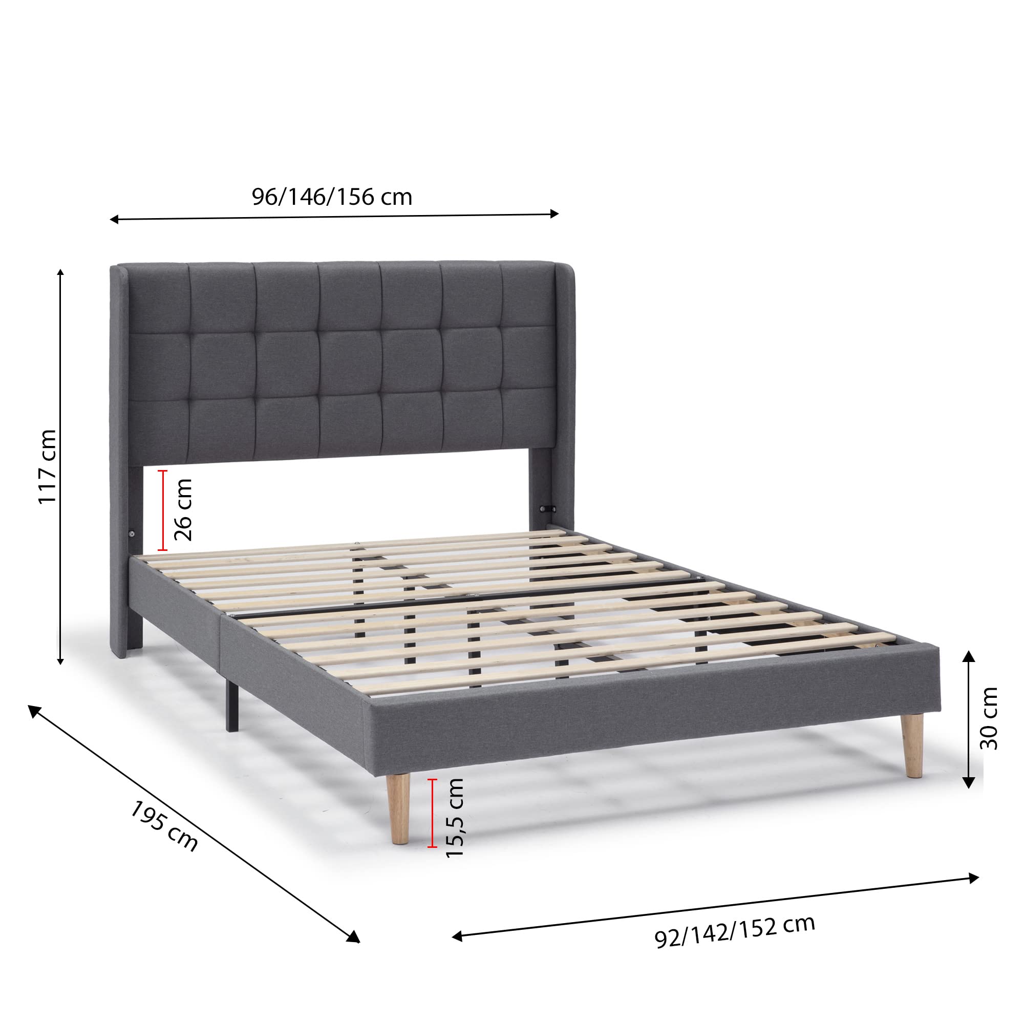 HOMN LIVING Estructura de Cama tapizada Esther de 30 cm, Base para colchón, Somier de láminas de Madera, Montaje Sencillo, 150x190 cm, Gris Oscuro