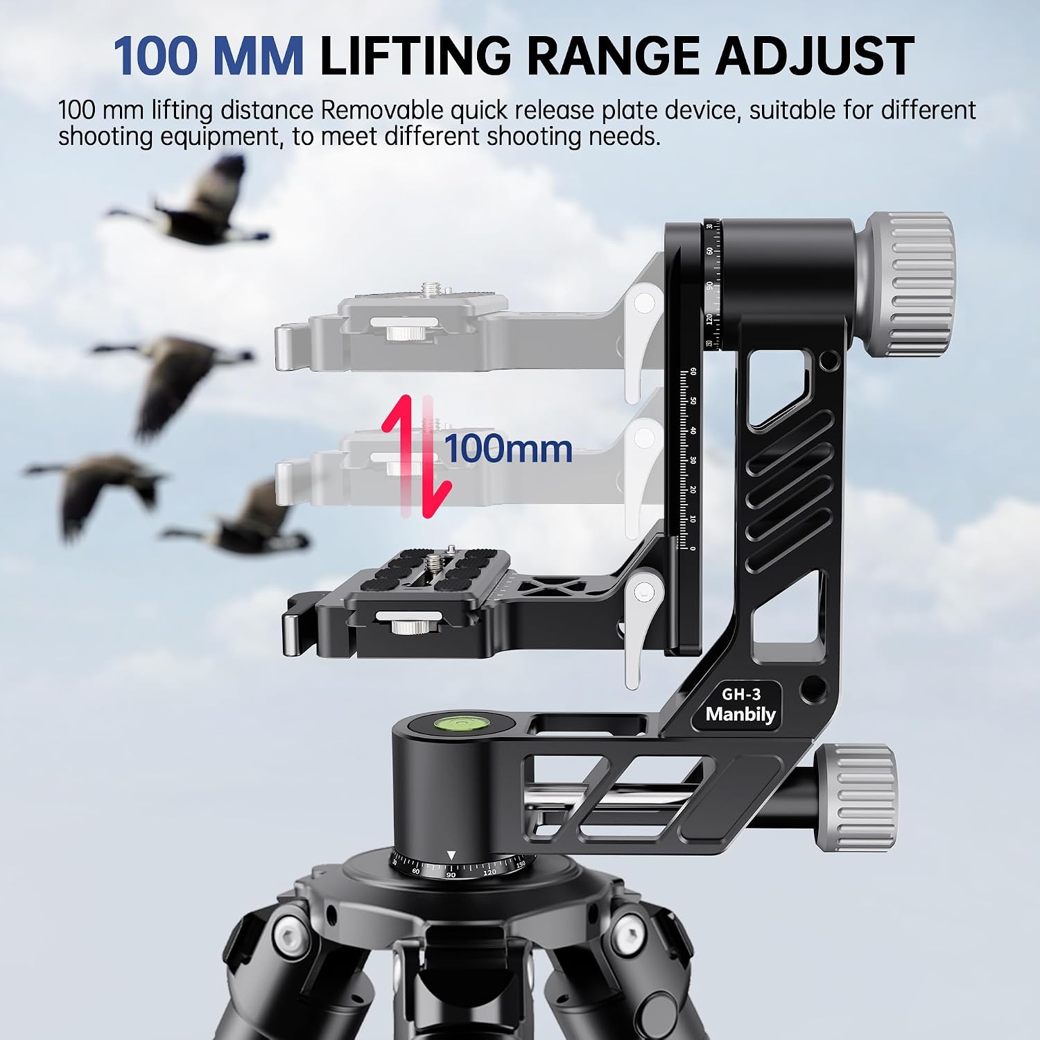 Manbily Gimbal Head, CNC Aluminum Professional 360° Panoramic Gimbal Tripod Head with 1/4'' Arca Swiss Quick Release Plate for DSLR Camera Bird Watching Wildlife Sports Photography, Load up to 55lbs