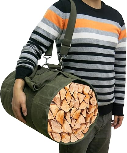 Miniatura 5 de Portador de leña, Bolsa de lona resistente, Gran registro encerado portador Bolsas de mano para chimenea troncos de leña Accesorios de estufa de