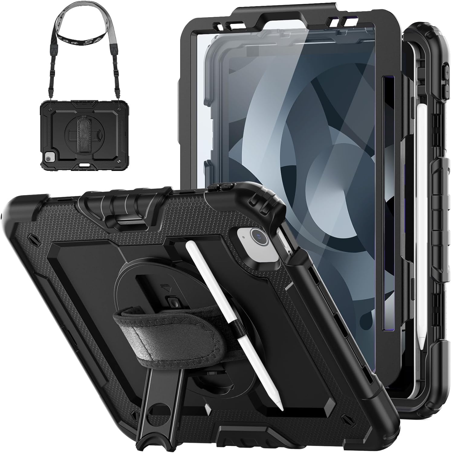 HXCASEAC Case for iPad Air 5th/4th Gen 10.9 inch, Shockproof Design with Pencil Holder, Screen Protector, Hand Strap, Protective Air 5/4 Case (A2316 A2324 A2588 A2589 A2591 A2072 A2325) - Black