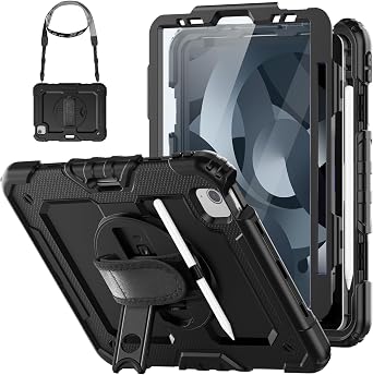 HXCASEAC Case for iPad Air 5th/4th Gen 10.9 inch, Shockproof Design with Pencil Holder, Screen Protector, Hand Strap, Protective Air 5/4 Case A2316 A2324 A2588 A2589 A2591 A2072 A2325 - Black
