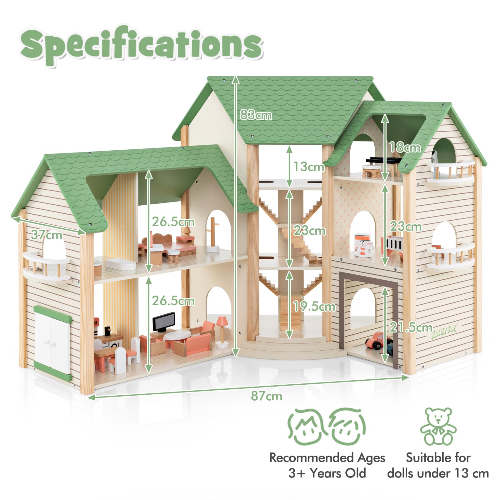 HOMASIS Casa delle Bambole in Legno per Bambini con Scale e Balconi Integrati, Casa delle Bambole d'Angolo con Tetto Verde 36 Mobili e Accessori, Casa da Gioco per Bambini 3+ Anni