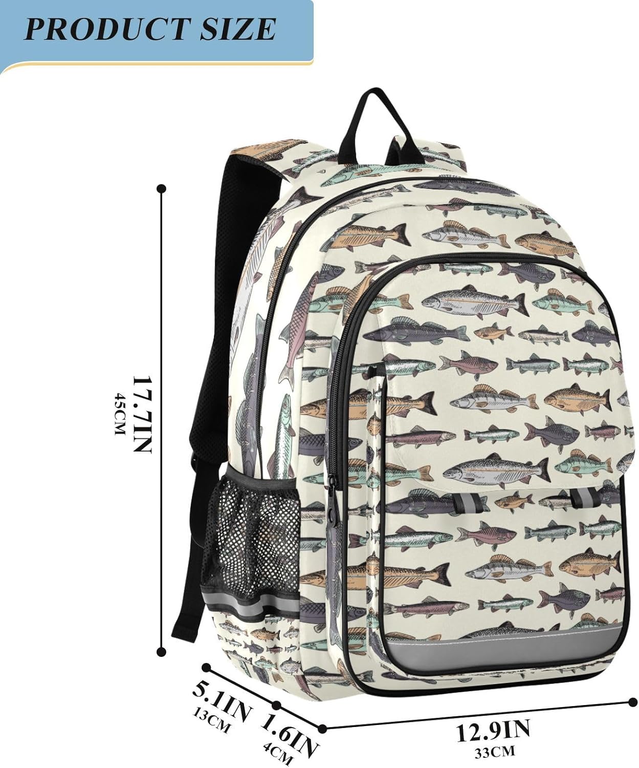Vintage Fishes School Backpack Laptop Travel Daypack for Kids Girls Boys, Personalized Computer Notebooks Bookbag with Adjustable Padded Straps