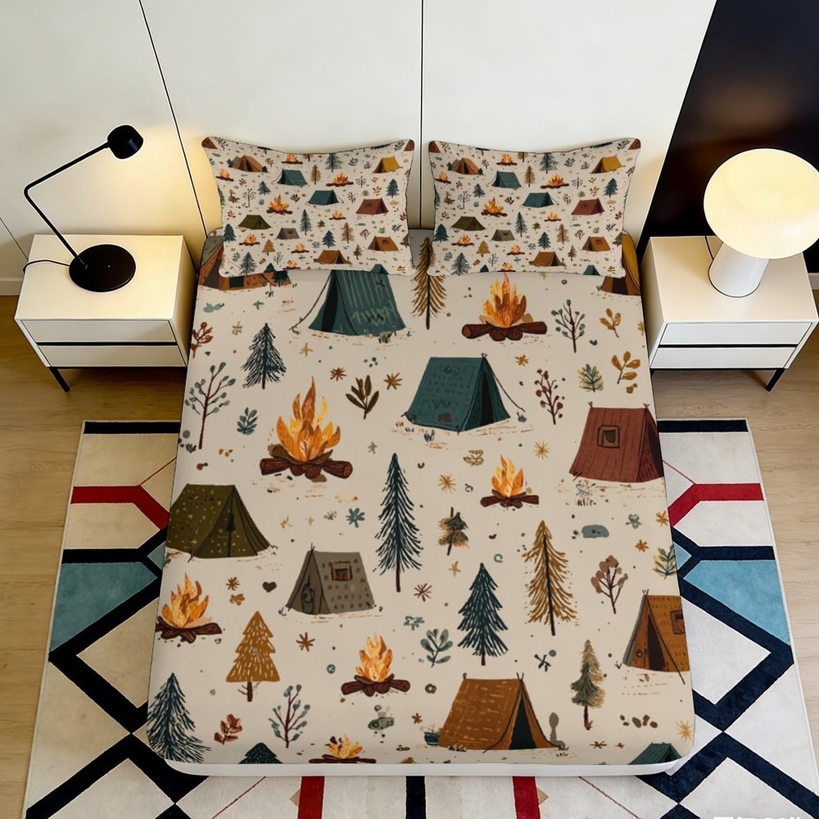 3D Printed Camping Tent Fitted Sheet Microfiber Forest Campfire Mattress Cover for Bedroom Guest Room Decor 90x200x25cm