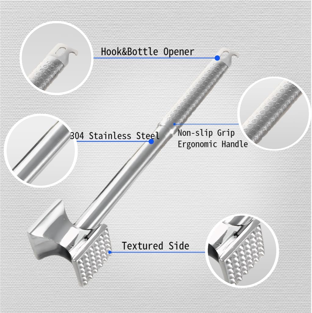 304 Stainless Steel Meat Tenderizer Mallet, Heavy Duty Dual-Sided Meat Hammer with Ergonomic Non-Slip Handle, Dishwasher Safe Kitchen Tool for Tenderizing Steak, Beef, Chicken & Pork