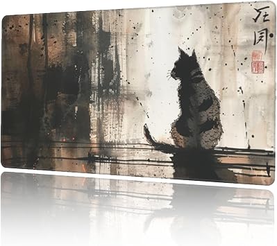 Mouse Pad, Large, Gaming Ink Wash Painting/Cats, Black, Gray, Mouse Mat, Desk Mat, Extra Large, Keyboard Pad, Rubber Bottom, Optical, Compatible with Mouse, Anti-Slip, Durable, Good, Stylish, Cute