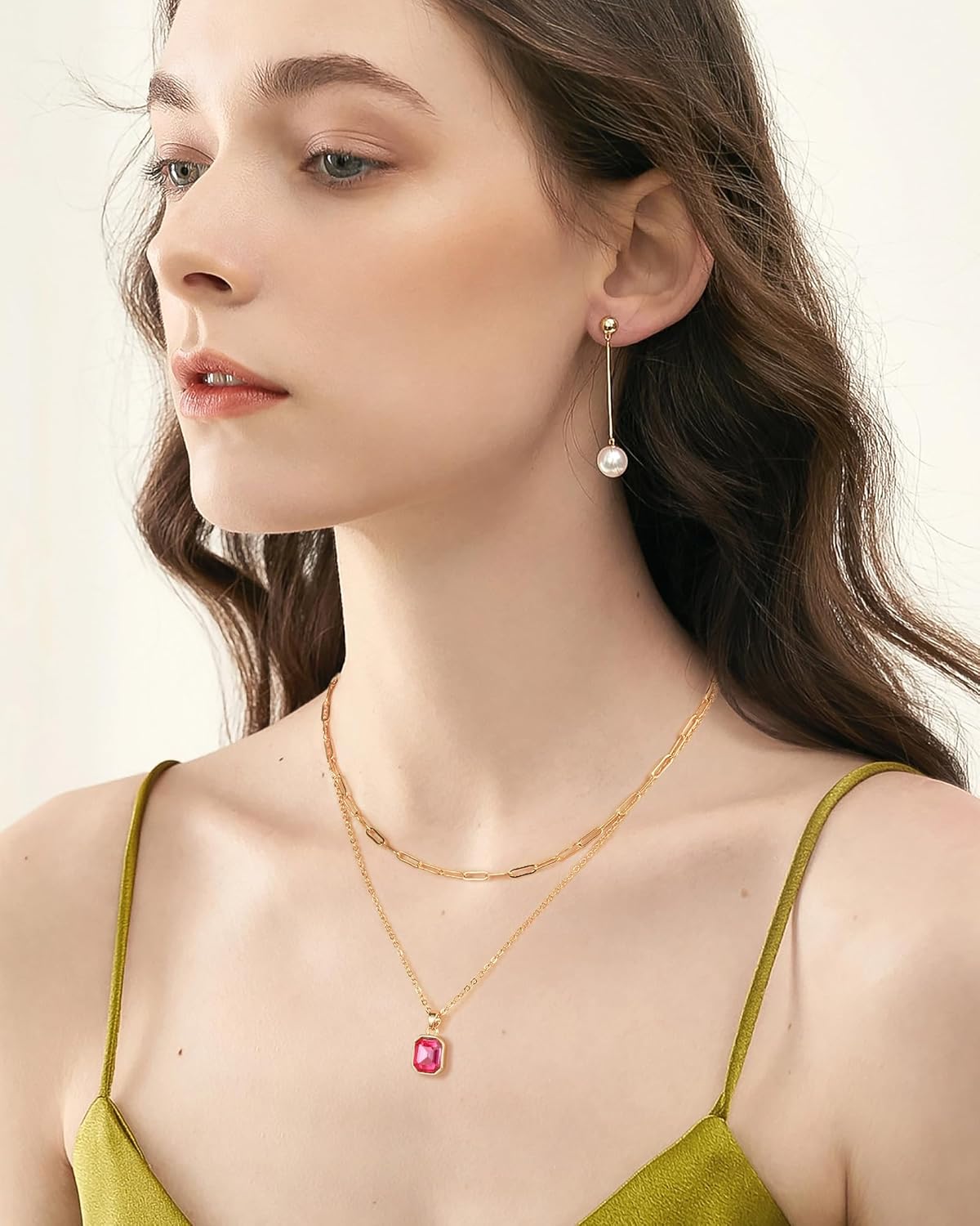 Gold Layered Necklaces for Women, 18k Gold Plated Crystal Necklace Paperclip Choker Emerald Green Jewelry for Women Gifts - Image 3