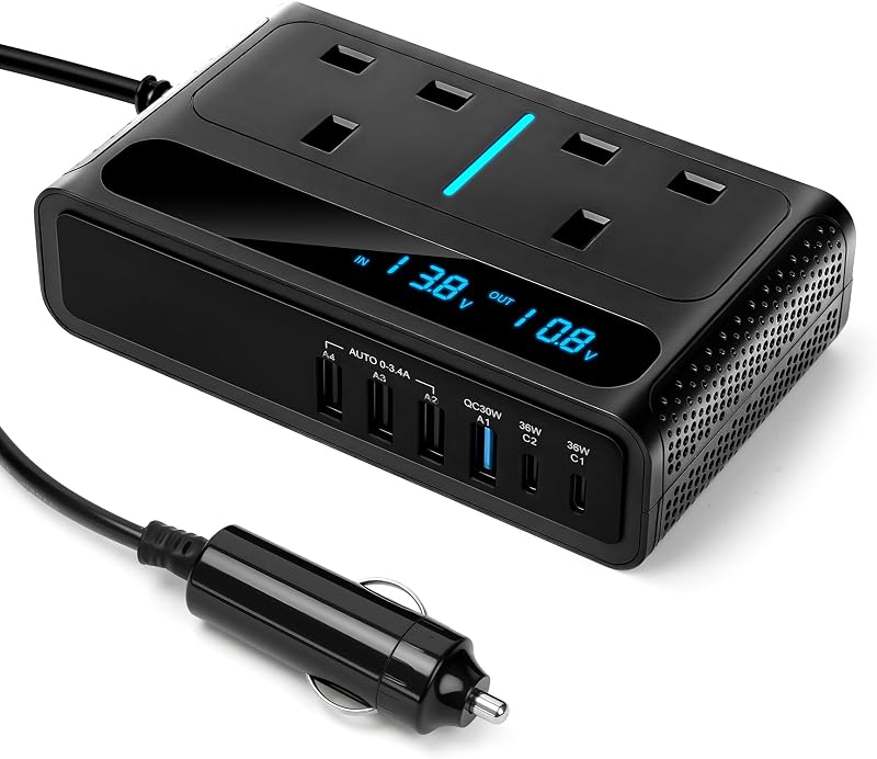 8 in 1 200W Car Power Inverter with 2 Sockets, 4 USB Ports and 2 Type-C Ports,Car Charger Adapter Convert 12V to 240V 230V AC Auto Power Inverter for Camping Van Caravan