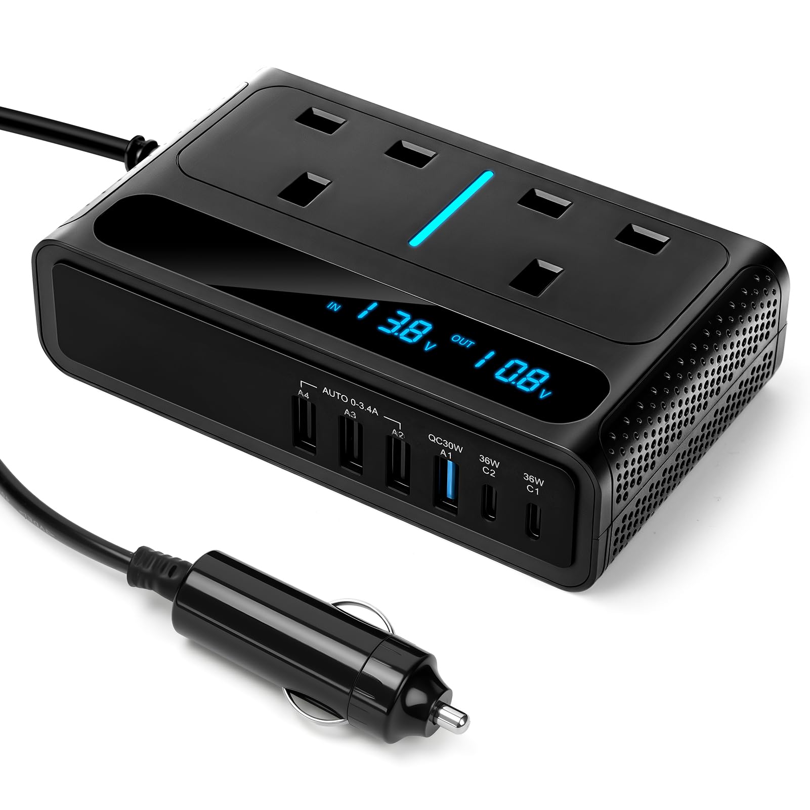 8 in 1 200W Car Power Inverter with 2 Sockets, 4 USB Ports and 2 Type-C Ports,Car Charger Adapter Convert 12V to 240V 230V AC Auto Power Inverter for Camping Van Caravan