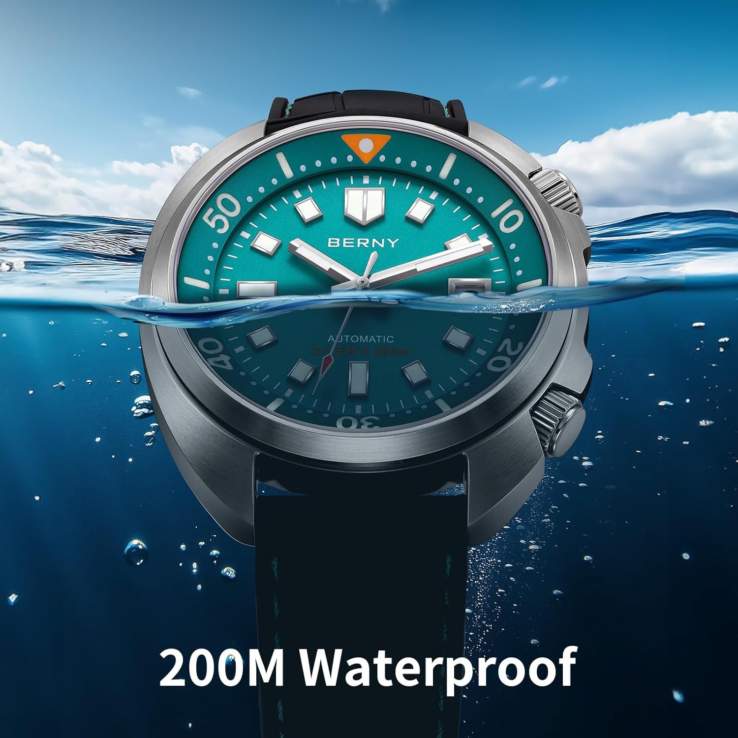 BERNY Automatic Watch for Men 200M Waterproof Dive Watch Men's Analog Mechanical Wristwatch with Super Luminous AR Coating Sapphire Crystal, Date Calendar Fluoroelastomer Band Fashion Birthday Present