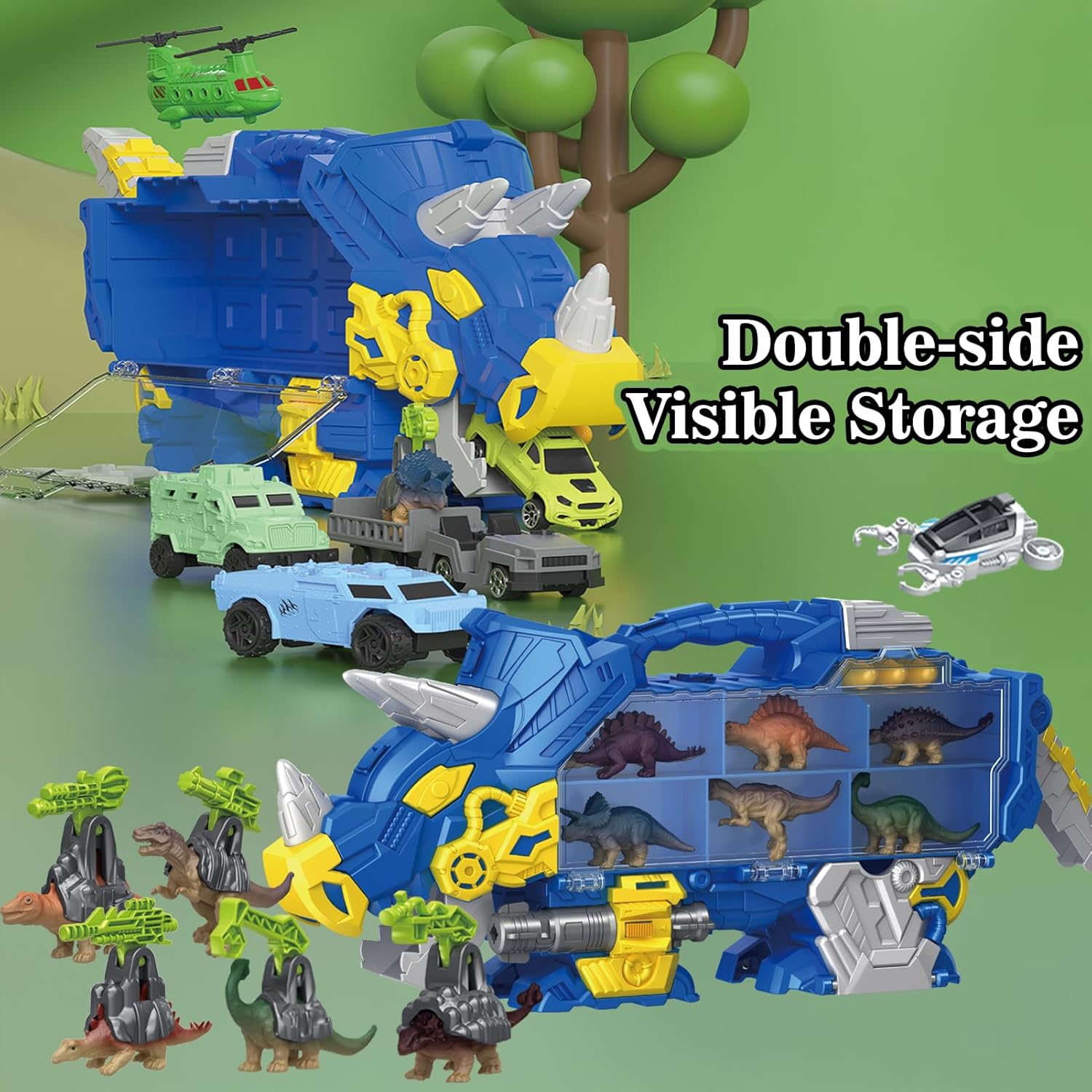 Dinosaur Truck Toy for Kids 3-5, Triceratops Carrier with 6 Dino Figures, 5 Cars & Helicopter, Storage Dinosaur Transport Truck, Toys for Boys Age 3 4 5, Gift for Toddlers
